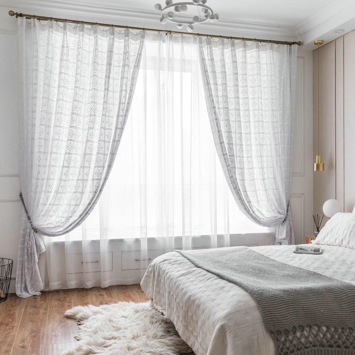 Daesar Sheer Curtains for Living Room 2 Panels Set, Cotton Hook/Rod Pocket Voile Curtains 71" W x 71" H Drapes Solid Color Hollow Rhombus Check Beige White Transparent Curtains for Bedroom