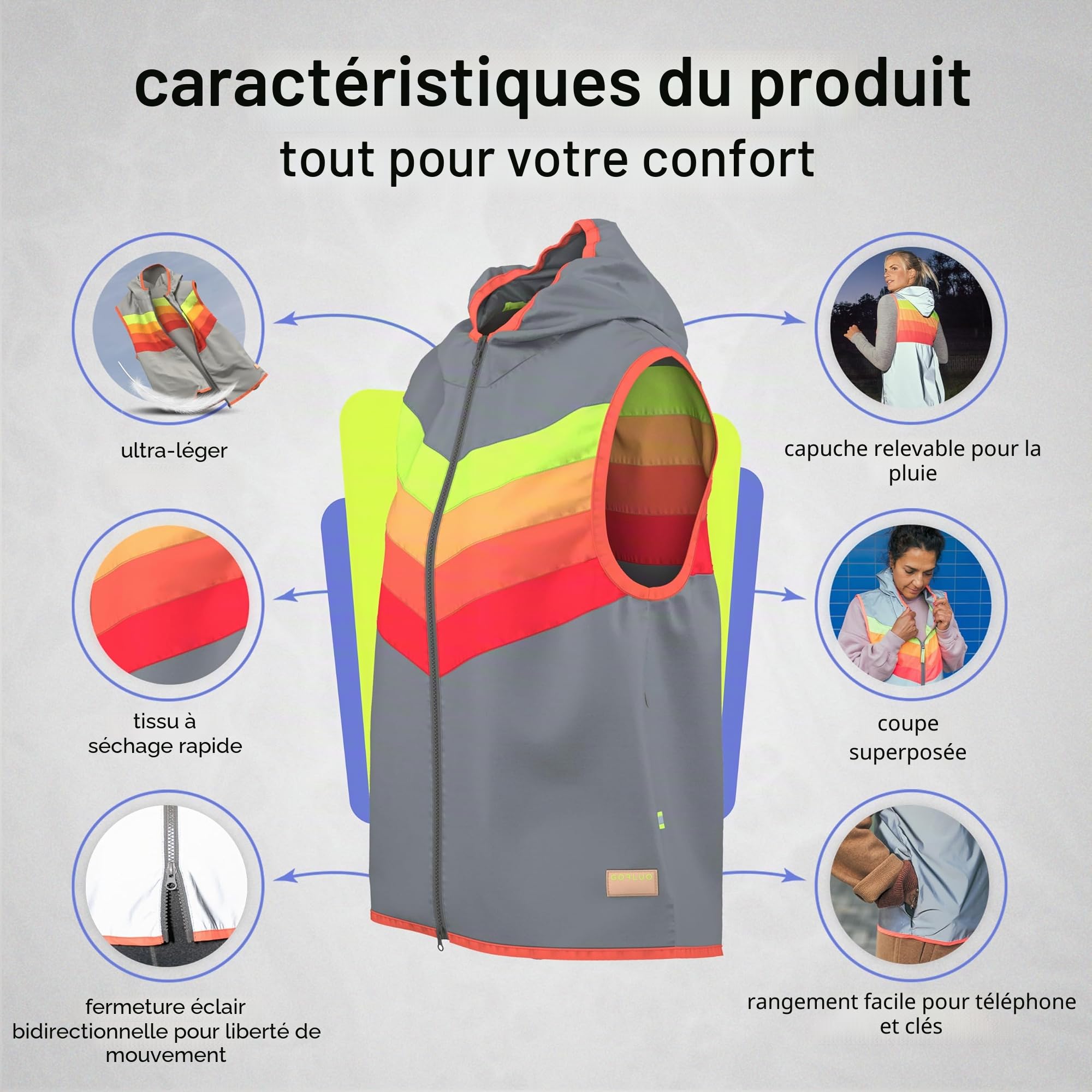 gofluo. Darkflow Gilet réfléchissant – Darkjacket – Fluo Neon – Gilet de sécurité – Gilet réfléchissant – visible dans l'obscurité pour les randonneurs, le jogging, le vélo, la moto – Gris