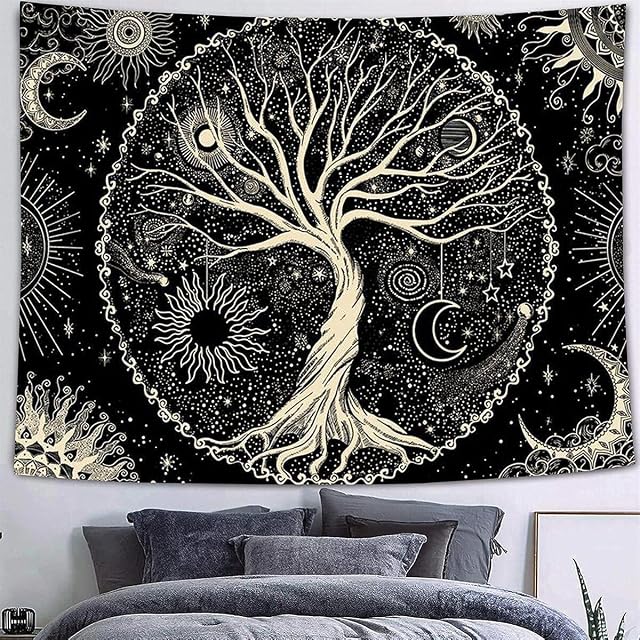 Arawat Tasiemka Ścienna Drzewo Tkanina Natura Dekoracja Sypialnia Wiszące Ścienne Boheme Płótno Mandala Psychodeliczna Japońska Tasiemka do Salonu Dormitorium (Złoto, 130x150cm)