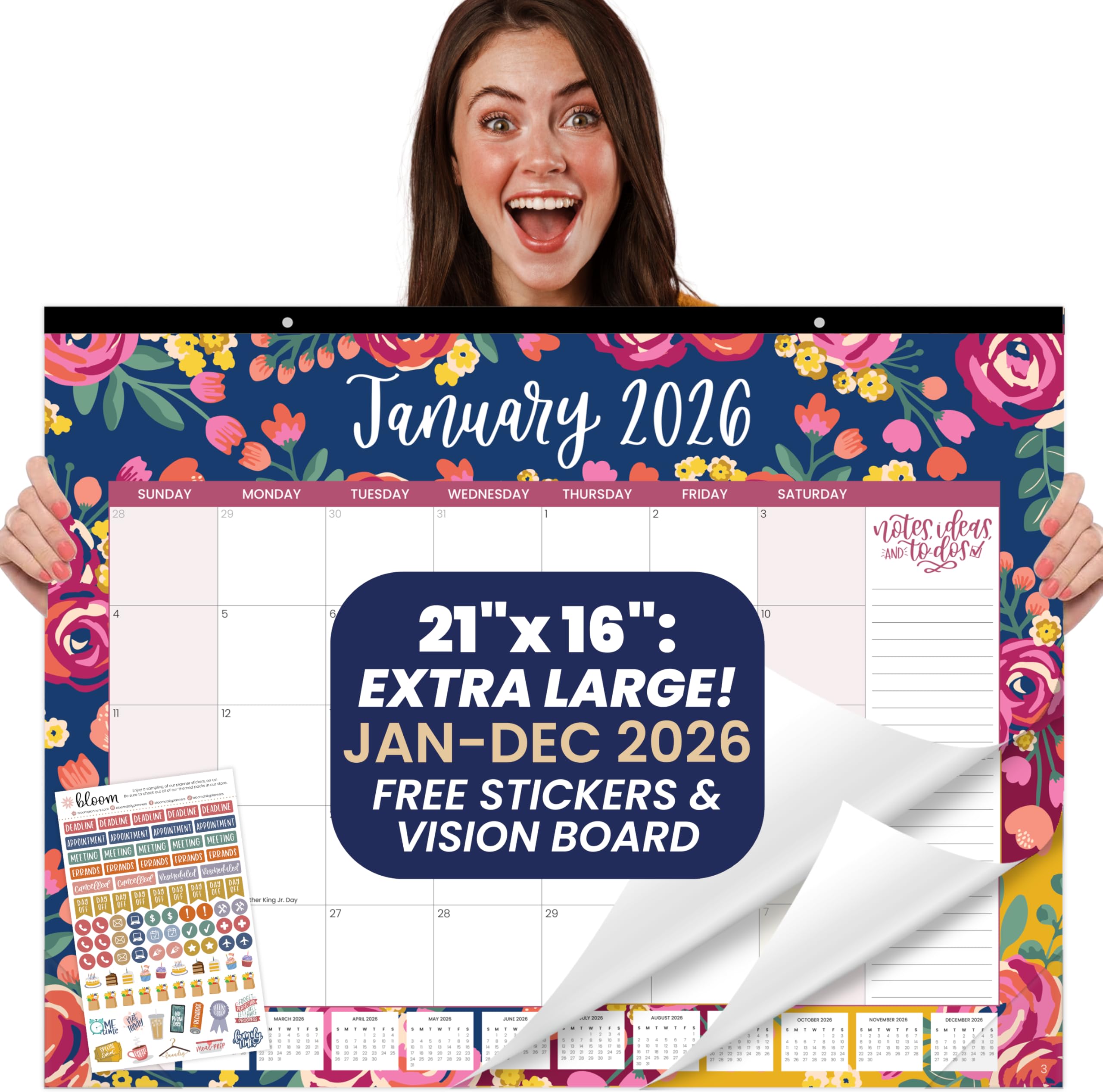 bloom daily planners 2026 Desk Calendar - January to December Large Wall Calendar - 21 x 16 Desktop & Hanging Monthly Planner with Stickers for Home or Office - Vintage Floral
