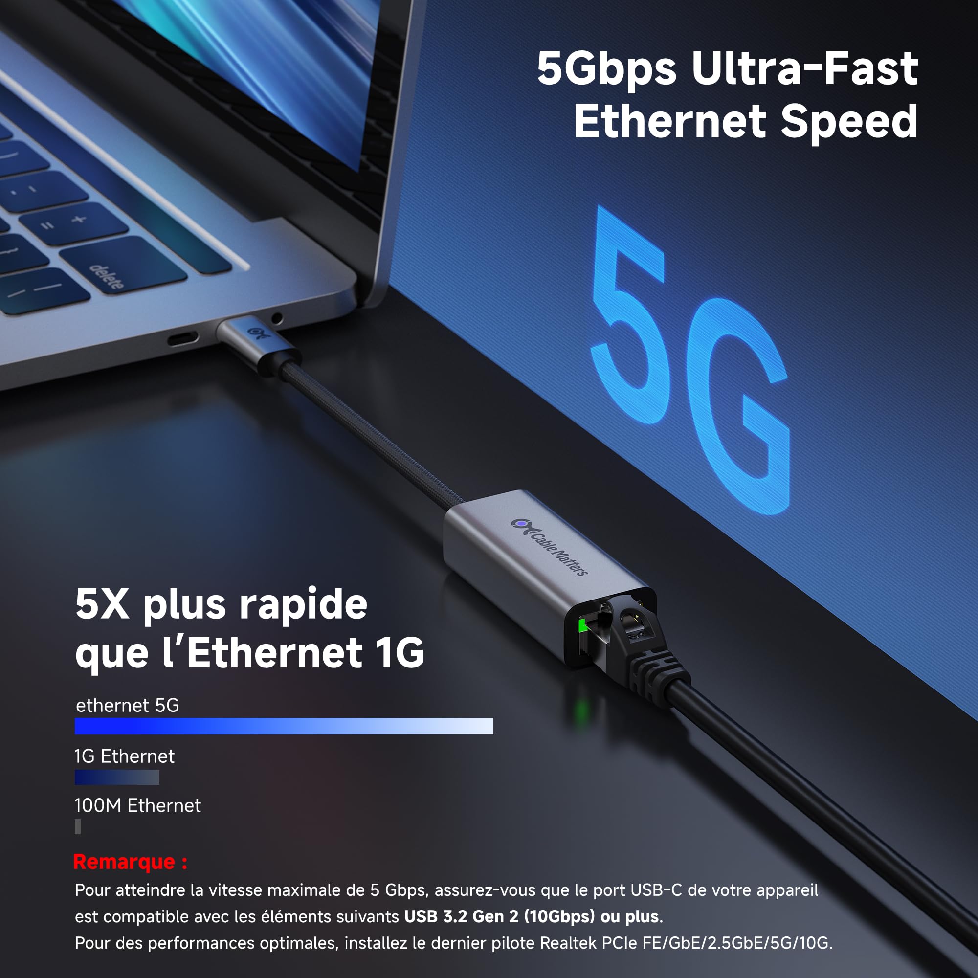 Cable Matters 5Gbit/s Adaptateur USB-C Ethernet 5GbE, Vitesse Réseau 5G | Compatible avec USB4,Thunderbolt 4/5, Plug et Play pour MacBook, ordinateur portable et USBC-appareils