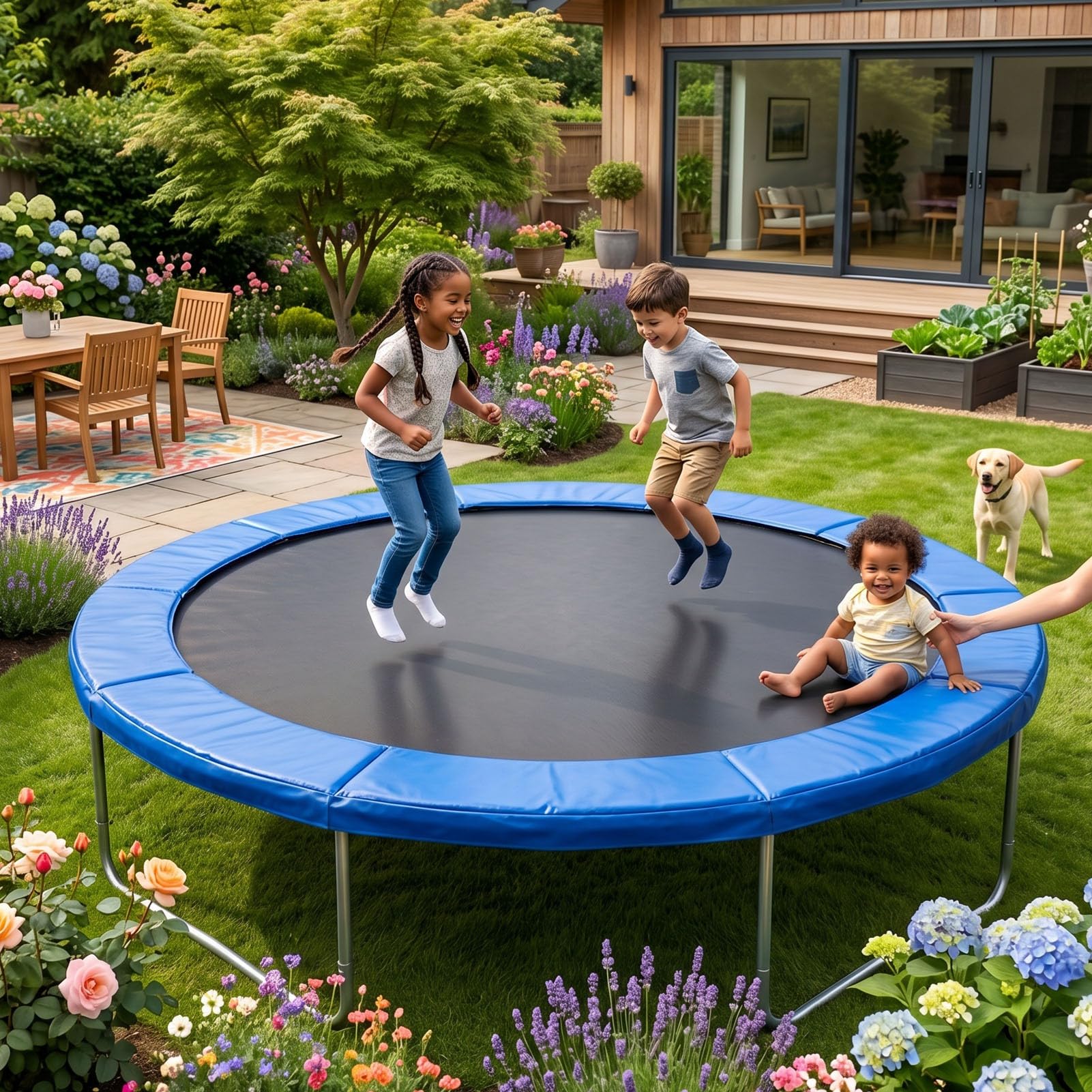 GOWENIC Tappetino di Sicurezza per Trampolino da 12FT, Imbottitura per Telaio Rotondo Impermeabile in PVC con Copertura a Molla per La Sostituzione, Schiuma EPE Blu, Antistrappo, Installazione Facile