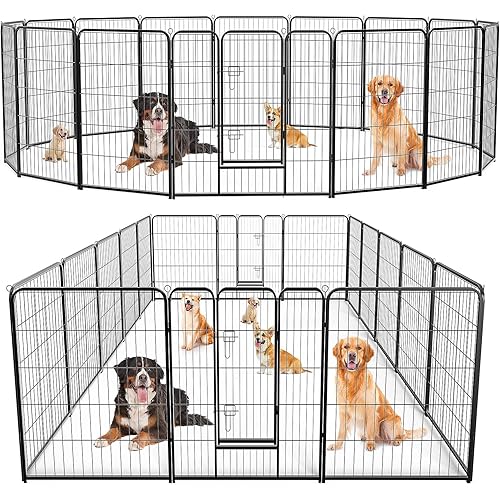 Sweetcrispy Dog Playpen Indoor - Pet Fence Exercise Pen for Yard Gate 16 Panels Foldable Puppy Playpens with Doors Metal Dog Pen for Camping, RV, Outdoor, Small/Medium/Large Pets, 40” Height