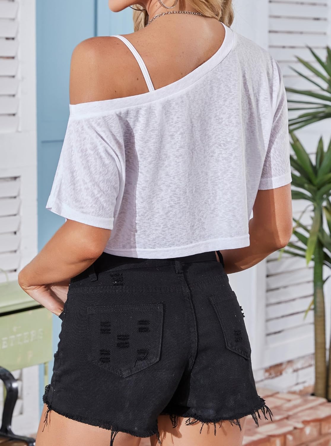 Hilinker Women's Sheer Mesh Crop Tops See Through Off The Shoulder Shirts Short Sleeve Tee - Image 2