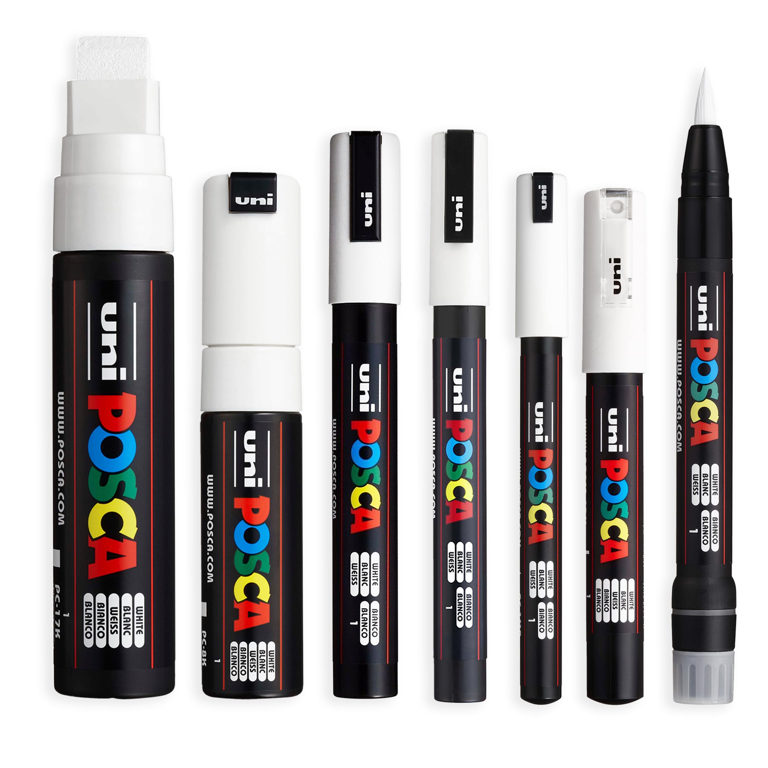 Posca Juego de 7 rotuladores de pintura (PC-1MR, PC-1M, PC-3M, PC-5M, PC-8K, PC-17K, PCF-350, tinta blanca