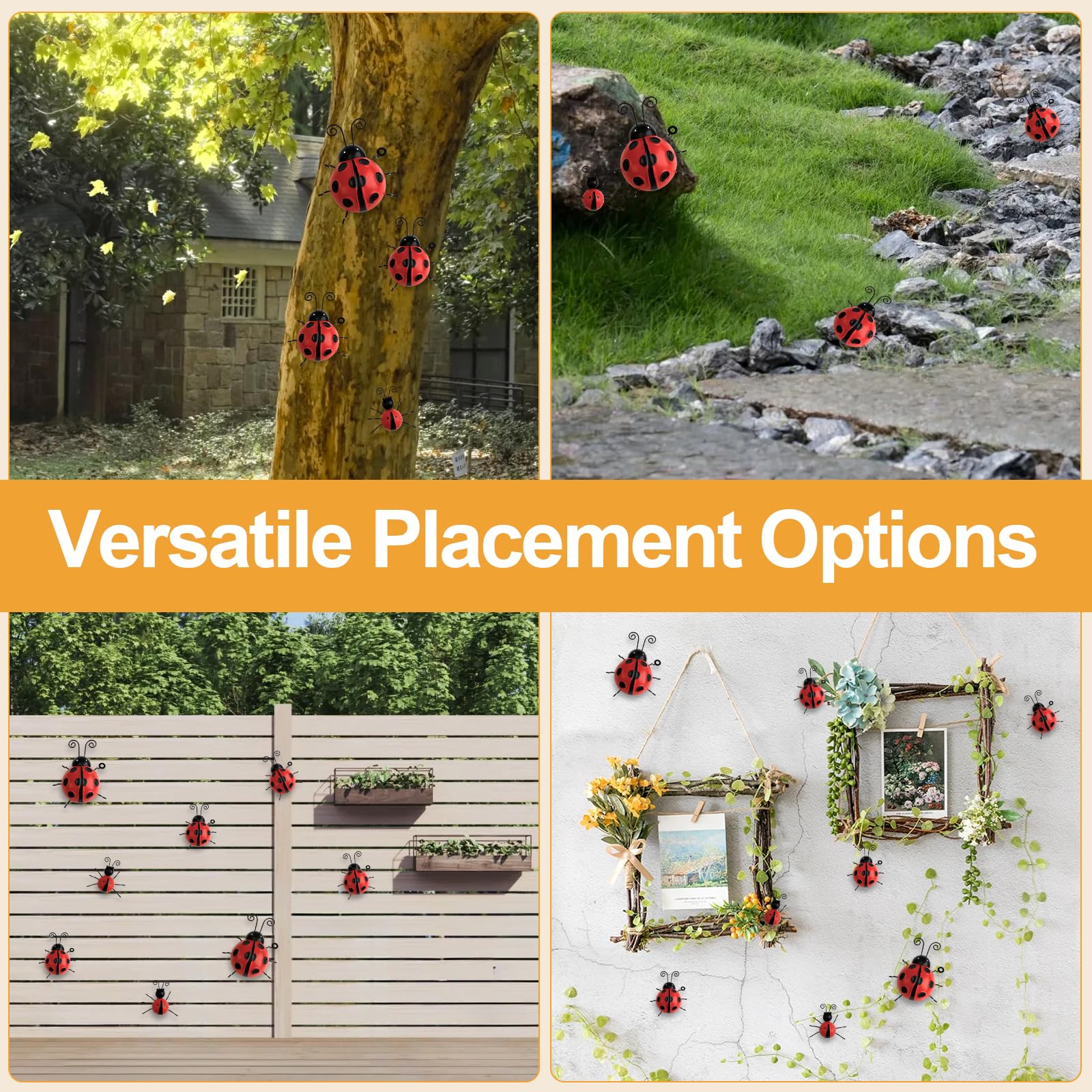 RETON 8 piezas de decoración de jardín de mariquita de metal, adornos de jardín al aire libre, lindas mariquitas arte de pared escultura 3D decoración de patio, escultura de insectos de hierro para