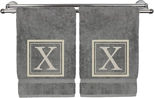 Miniatura 90 de Monogrammed Hand Towel, 16 x 30 Inches Set of 2, Personalized Gift- White Letter Embroidered with Square Design on Black Towel - Extra Absorbent