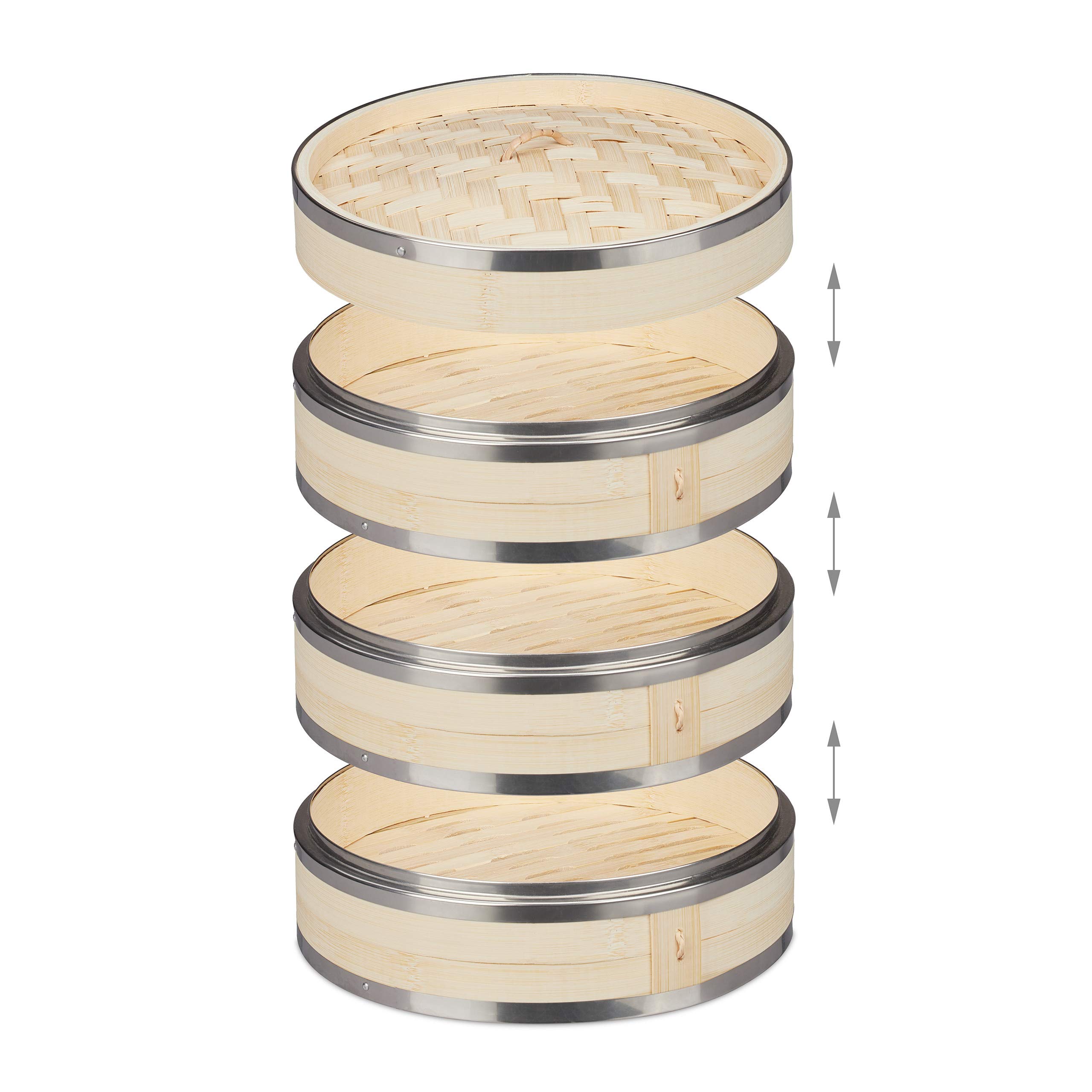 Relaxdays Vaporiera Bambù, 3 Cestelli, Anelli in Metallo, Cottura a Vapore di Riso e Ravioli Cinesi, Ø 24 cm, Naturale