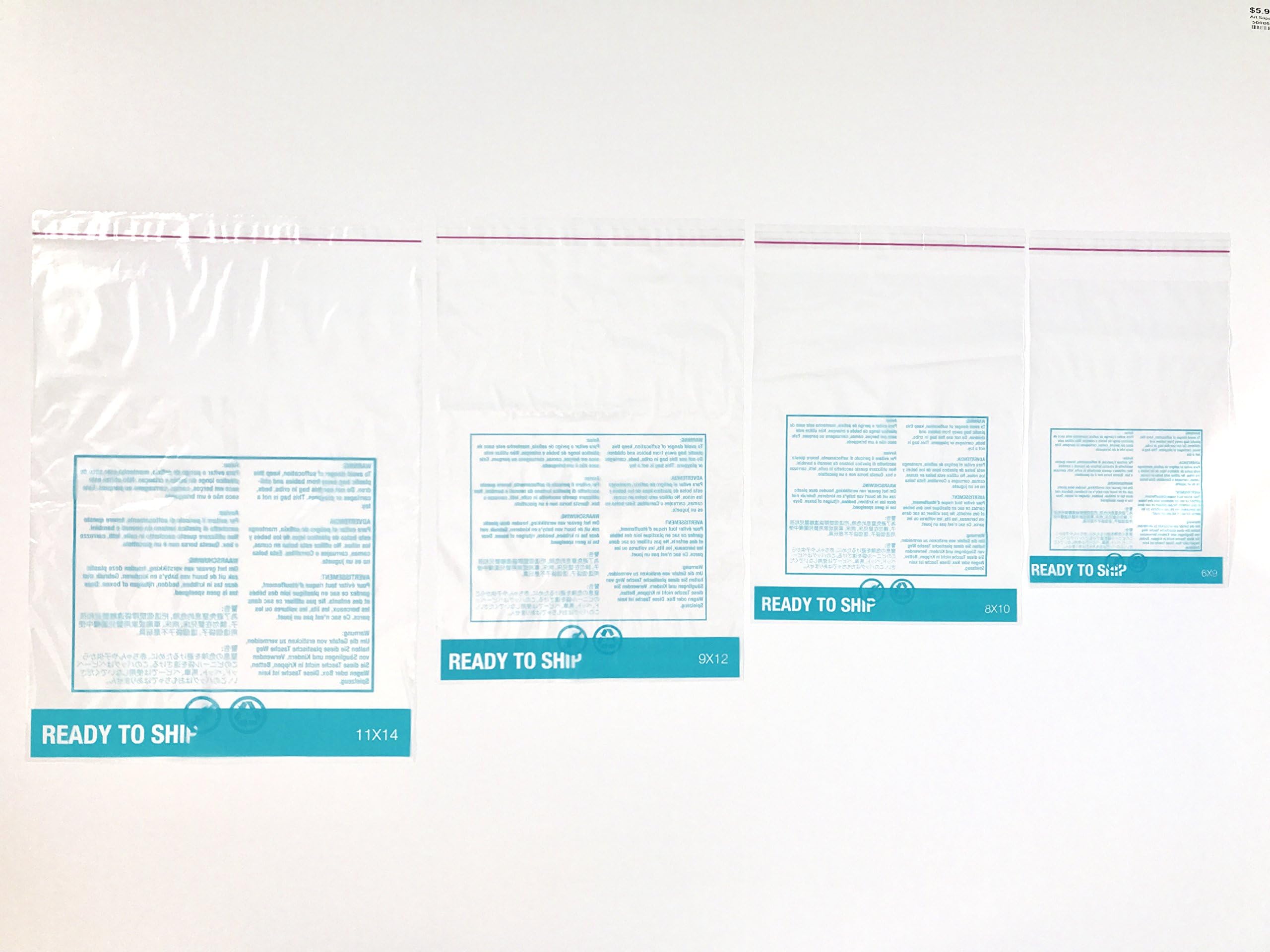 400 Combo Pack 6X9 8X10 9X12 11X14 Clear Poly Bags with Suffocation Warning and Ready To Ship Label Printed, 1.5 Mil, Self-Seal I By Komodo Packaging…