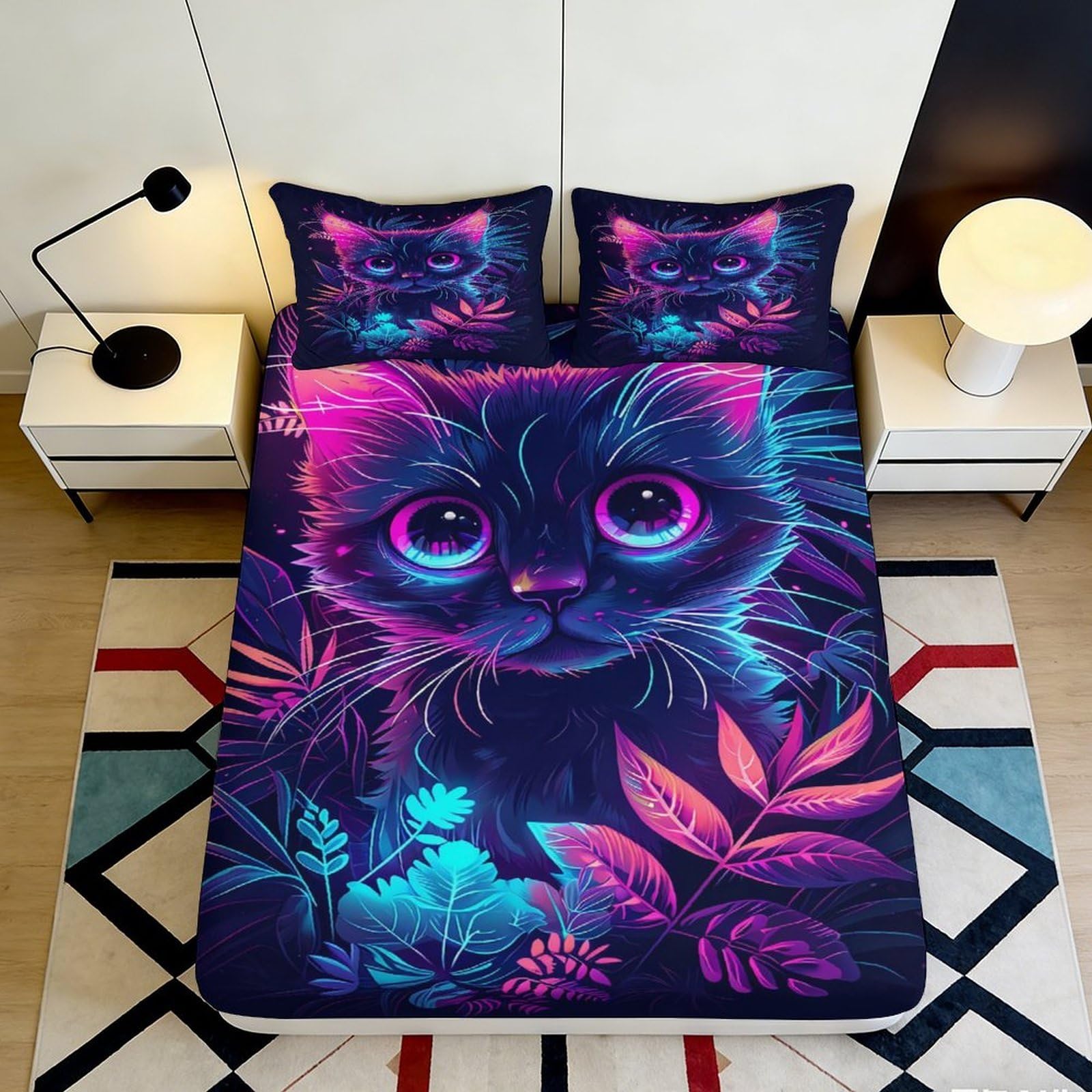 Dhbaneiok Style-5 3D Printed Neon Cat Fitted Sheet Microfiber Soft Vibrant Floral Bed Cover For Bedroom Dorm Mattress Protection Decor 90X200x25cm