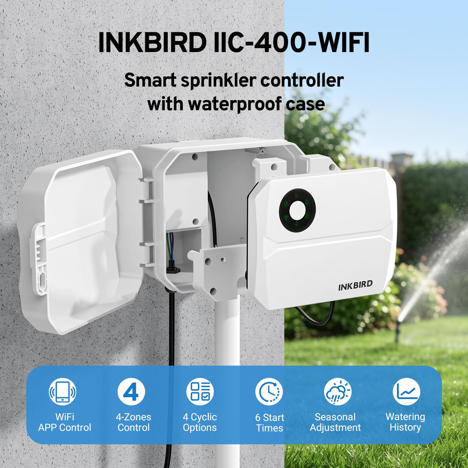 Inkbird IIC-400 Centralina Irrigazione WiFi 4 Zone con Scatola Impermeabile | Irrigazione Automatica WiFi per Giardino,Memoria Non Volatile Integrata,Supporto Sensore di Pioggia e Modalità Manuale