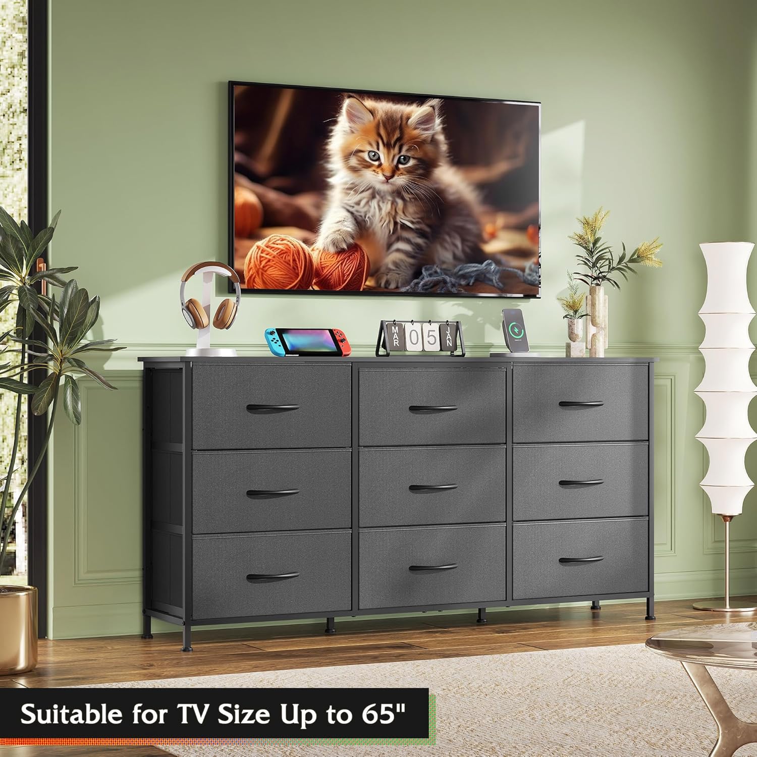 WLIVE 54''W Dresser for Bedroom, Black Dresser TV Stand for 55, 60, 65 inch TV, Wide Chest of Drawers with 9 Drawer, Large Entertainment Center, Fabric Dressers with Wood Top for Closet, Living Room