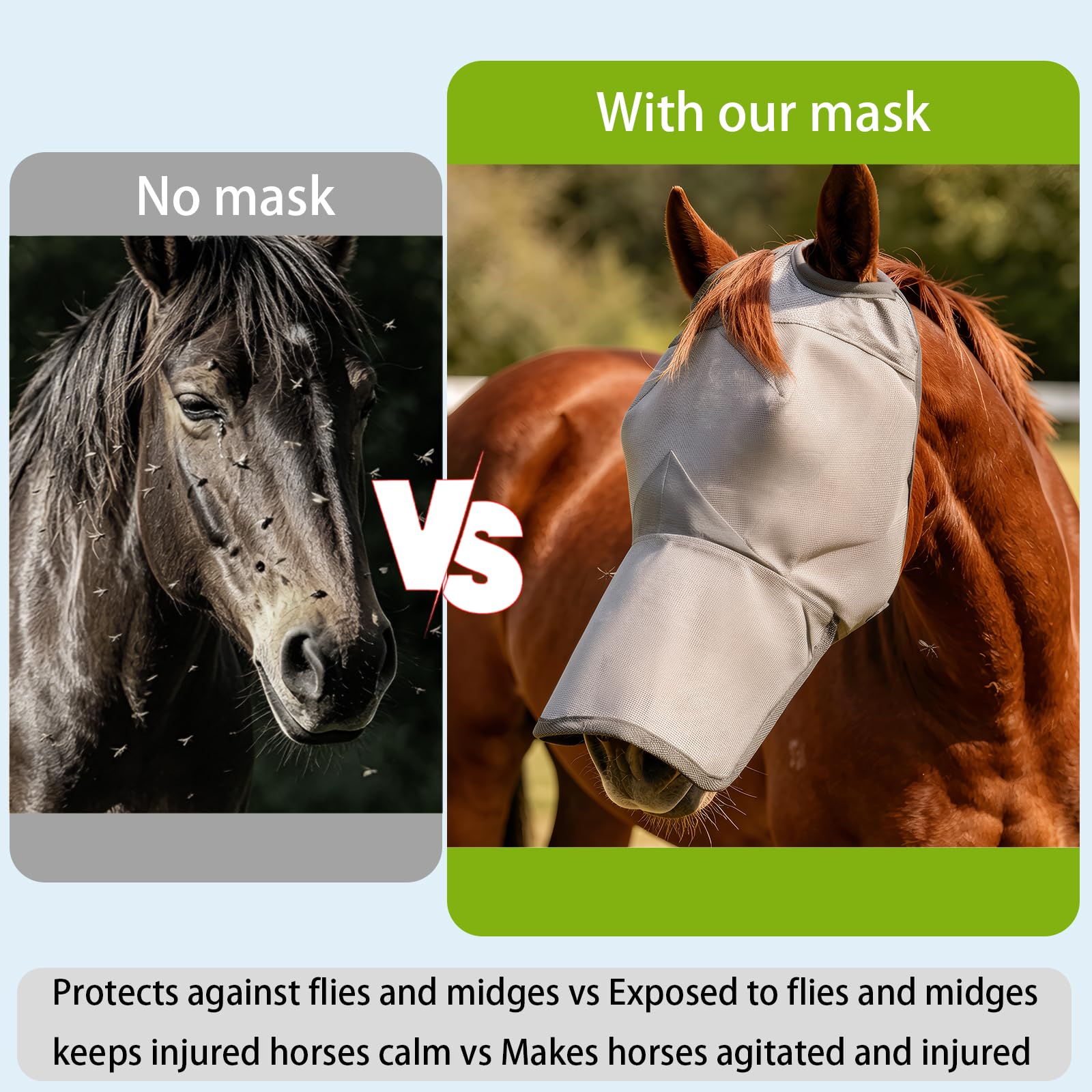 Raelitego Máscara de mosca de caballo con nariz, máscaras ajustables para caballos sin orejas (XS)