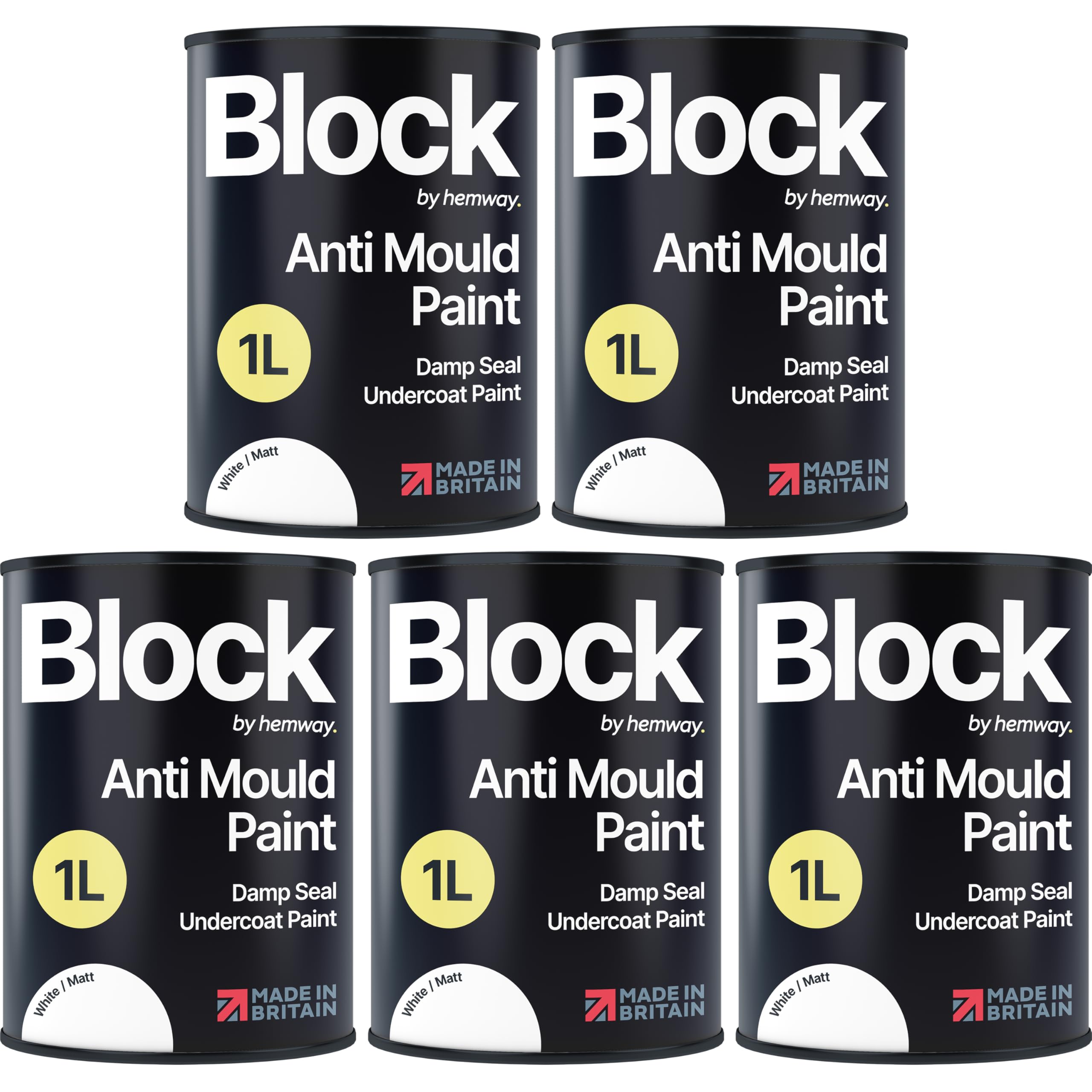 Hemway Anti Mould Paint White Matt 1L | Mould Blocker Ceiling Wall Kitchen Bedroom Bathroom Paint | Mould Resistant, Easy to Apply, Quick Dry & High Coverage 5 Pack