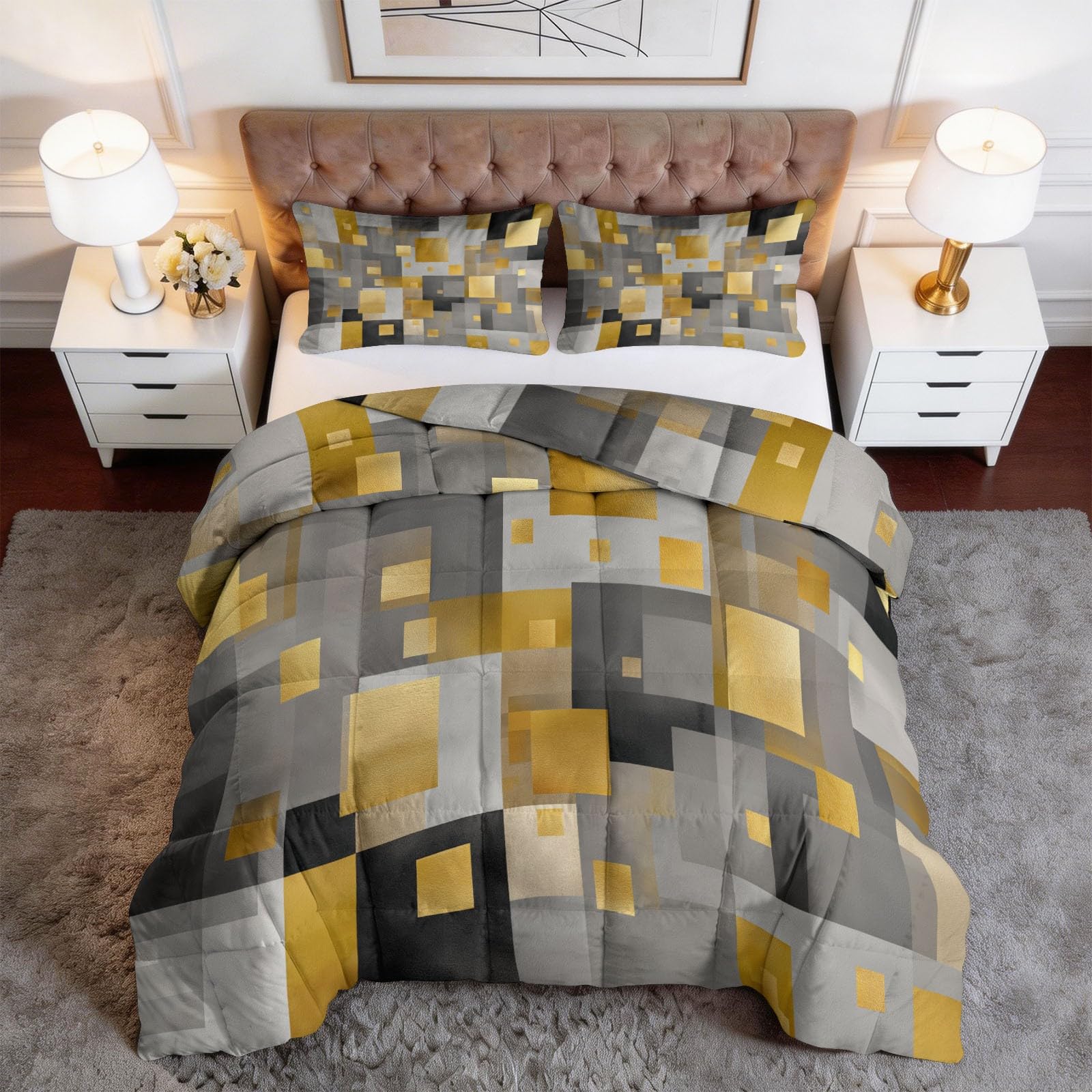 Completo Copripiumino Imbottito 200 x 200 cm Geometria Moderna Architettura Cubo Trapunta Tutto in Uno, Microfibra Traspirante & Lavabile Edredón – Set 3 Pezzi con 2 Federe, Design Elegante, Grigio