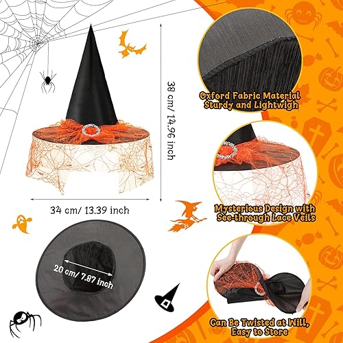 Miniatura 5 de Civaner 3 piezas de sombrero de bruja vintage de Halloween, sombrero de bruja colgante, sombrero de mago, accesorios de disfraz, velos de encaje,