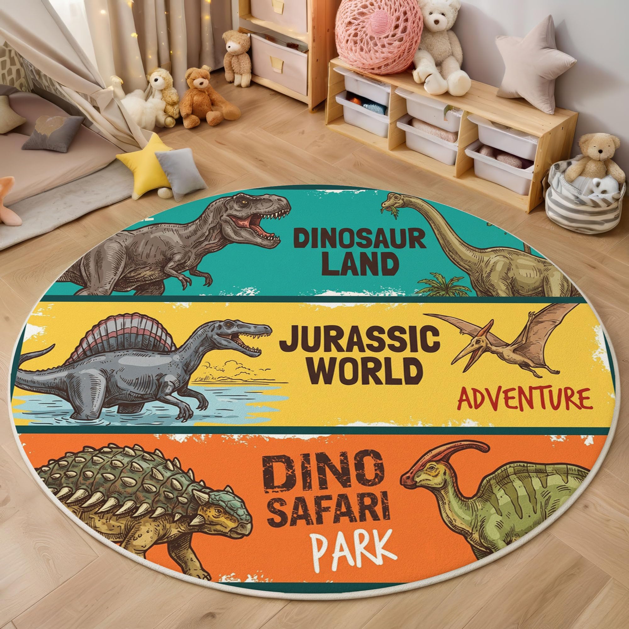 Wildtiere Dinosaurier Teppich Rund 100cm, Weicher Rutschfester Prähistorisch Illustration Teppiche, pflegeleicht strapazierfähig Mehrfarbig Teppich, für Kinderzimmer Babyzimmer Wohnzimmer Flur