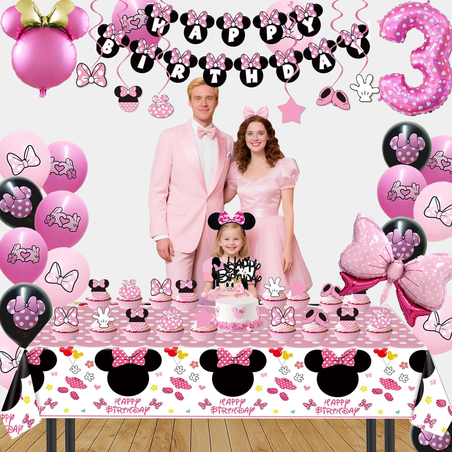 Pink Mouse 3rd Birthday Party Supplies, Three Years Old Girl Bow Party Decorations 3 Includes Happy Birthday Banner, Hanging Swirls, Tablecloth, Cake Cupcake Toppers, Bow Foil Balloon, Latex Balloons - Image 2