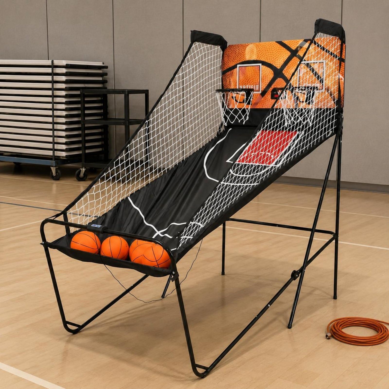 Indoor Basketball Spiel Basketball Arcade Set Korbanlage Wurfspiel Elektronischer Punktezähler Zweispieler Faltbar mit 5 Mini Bällen aus Stahlrohr Und MDF für Eltern Kind Spielzimmer Partys