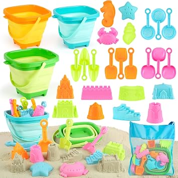 YIMORE Beach Toys Set for Kids 28 PCS Sand Bucket and Spade Beach Set Kids, Play Sand Toy with Shovels and Sea Animal Soft Molds, Outdoor Toys for Toddles Age 3 4 5