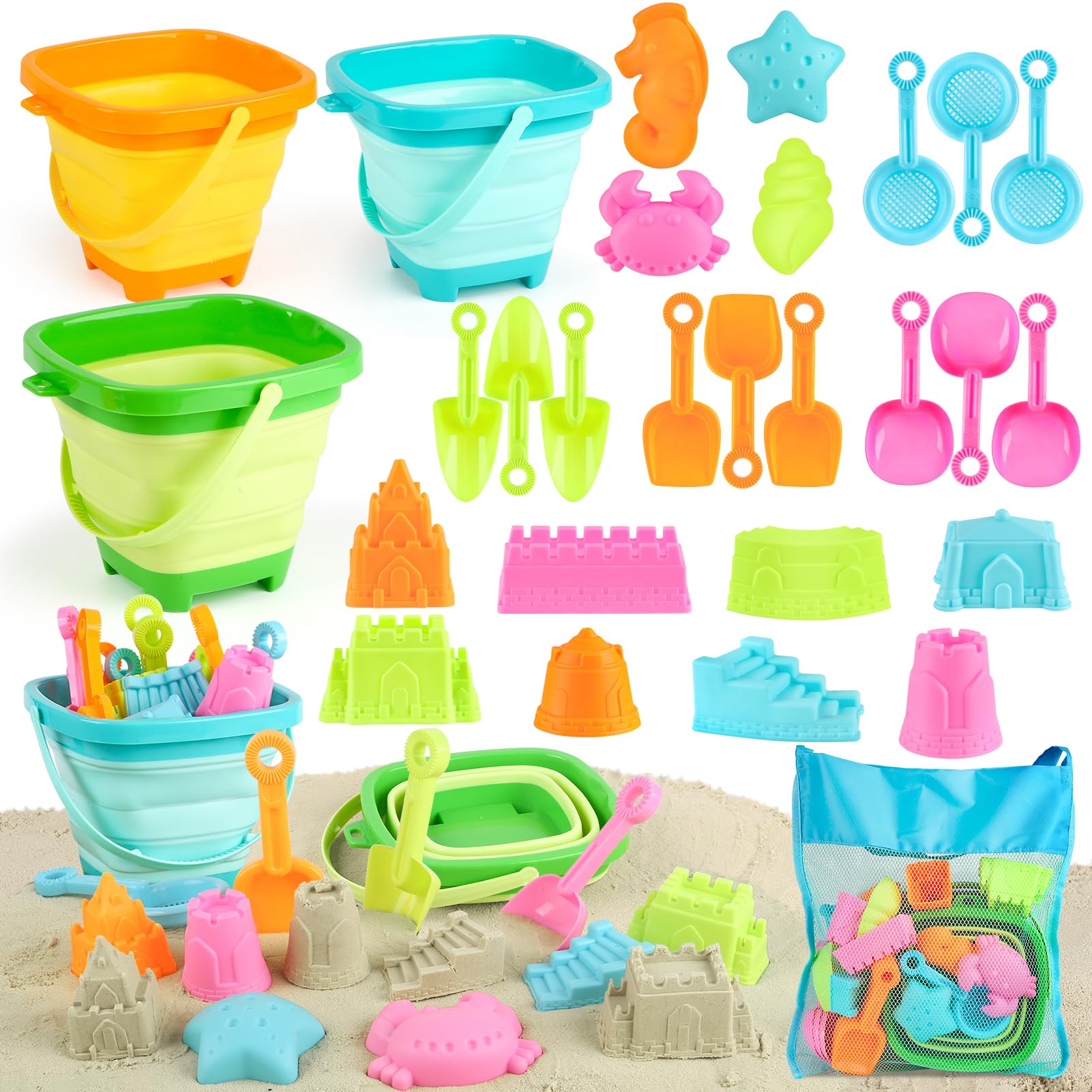 YIMORE Juguetes Playa,28 PCS Juguetes Playa Niños Bebe con Cubo Playa Plegable, Bolsa Juguetes Playa, Palas Infantil, Juguete de Exterior Regalo para Niño Niña