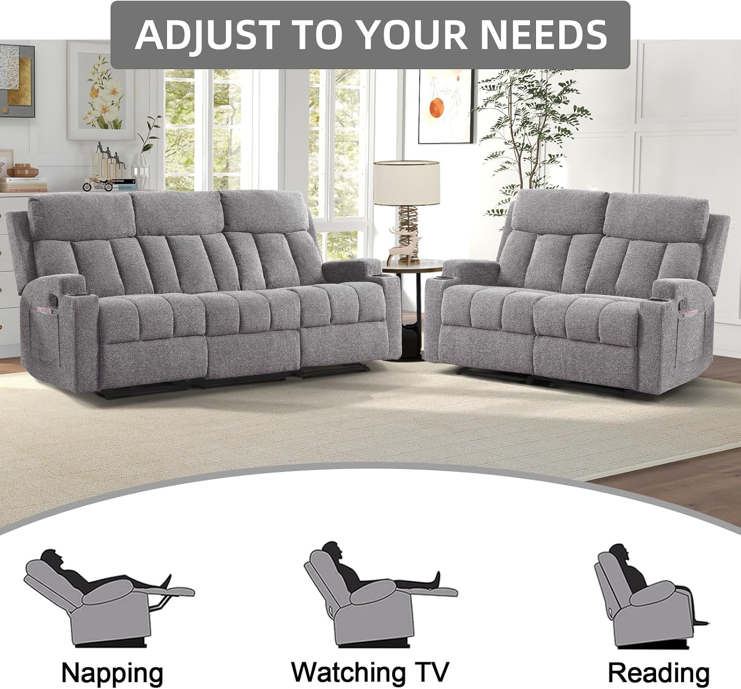 CANMOV Manual Fabric Recliner Sofa Set, Double Recliner Loveseat Sofa and 3 Seat Sofa Couch with 2 Cup Holders, Storage Pockets and Armrest for Living Room, Bedroom Furniture, Gray