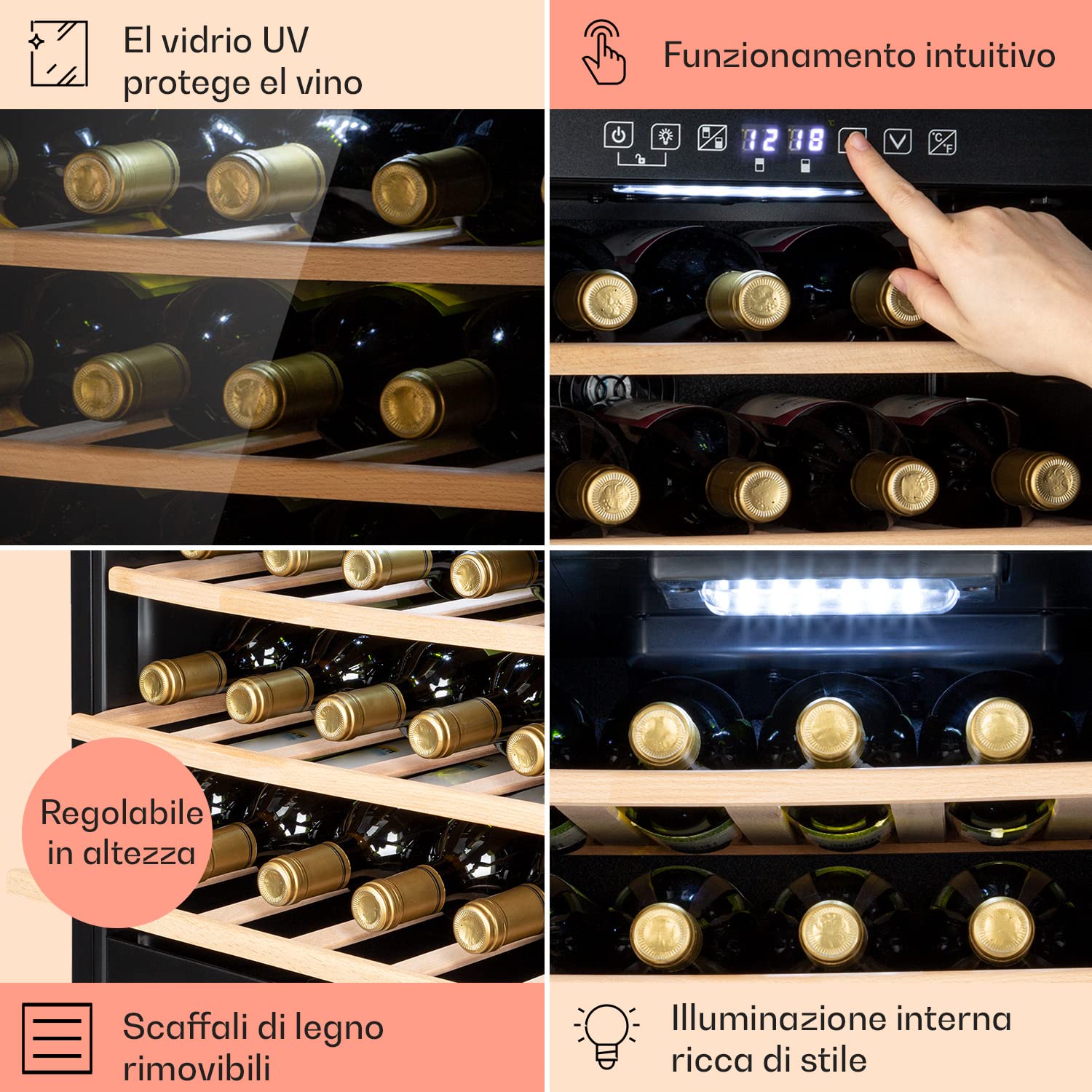 Klarstein Cantinetta Vino, Cantinetta Vino Refrigerata a Zona Doppia per Interno/Esterni, Frigo Bar, Cantina Vino con Vetrina, Mini Bar con Protezione UV, Frigo Vino Touch, 5-22°C, 29 Bottiglie