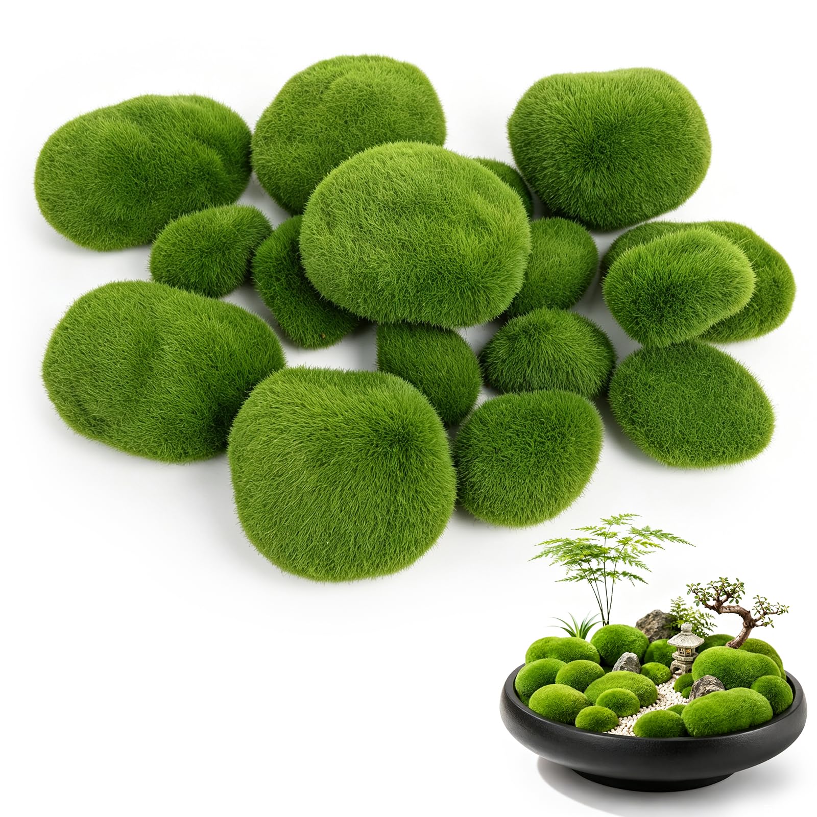 Minicoco 16PCS Artificial Green Moss Decorative Stones 7 Size Moss Rocks