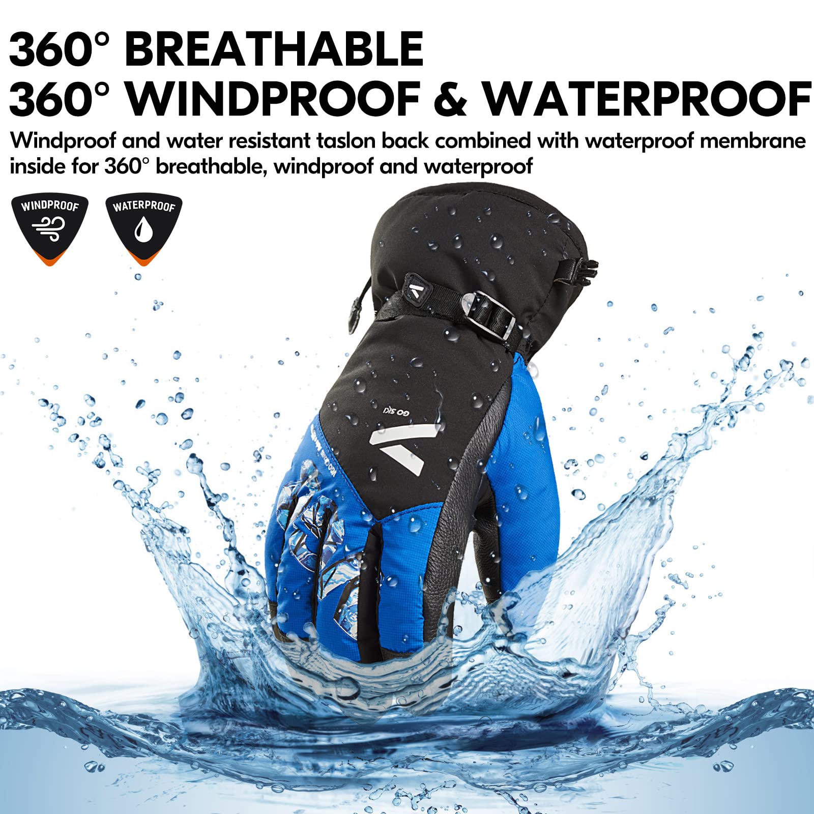 Vgo... Gants de Ski en Vache pour Hommes, Femmes, Gants de Neige, Gants d'extérieur, imperméable, 3M Thinsulate 30 ℃ / - 22 ° f ou Plus (CA2473FW&CA2476FW)