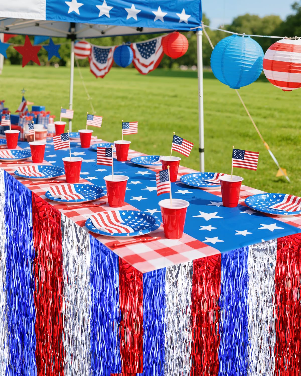 Glavatrix 2 Pack 4th of July Table Skirt, Red White and Blue Wavy Metallic Tinsel Foil Fringe Curtain Tablecloth, Streamer Backdrop Party Decorations for Patriotic Parties Supplies (2 PACK)