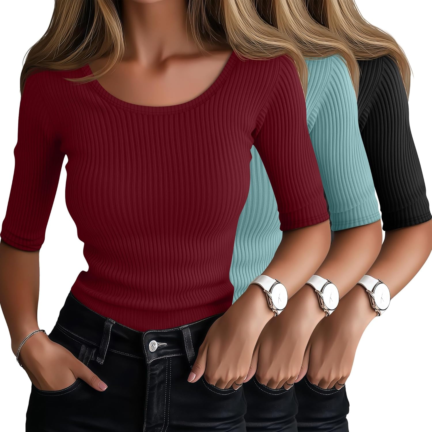 Ficerd 3 Pack Elbow Length Shirts for Women Half 1/2 Sleeve Tops Scoop Neck Ribbed Slim Fit Basic Tee 2025 Summer Trendy