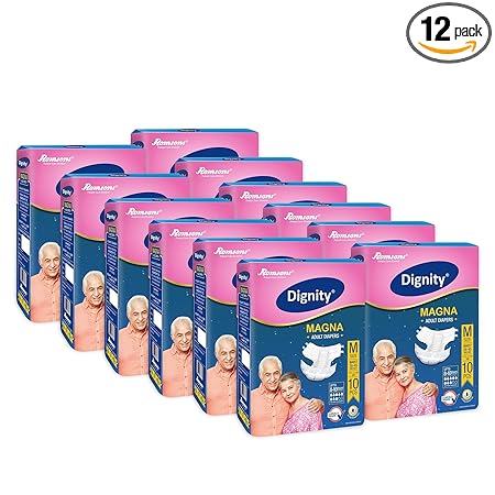 Dignity Magna Adult Diaper Medium 10 Pcs, Waist Size 28?- 45?, (Pack of 12)