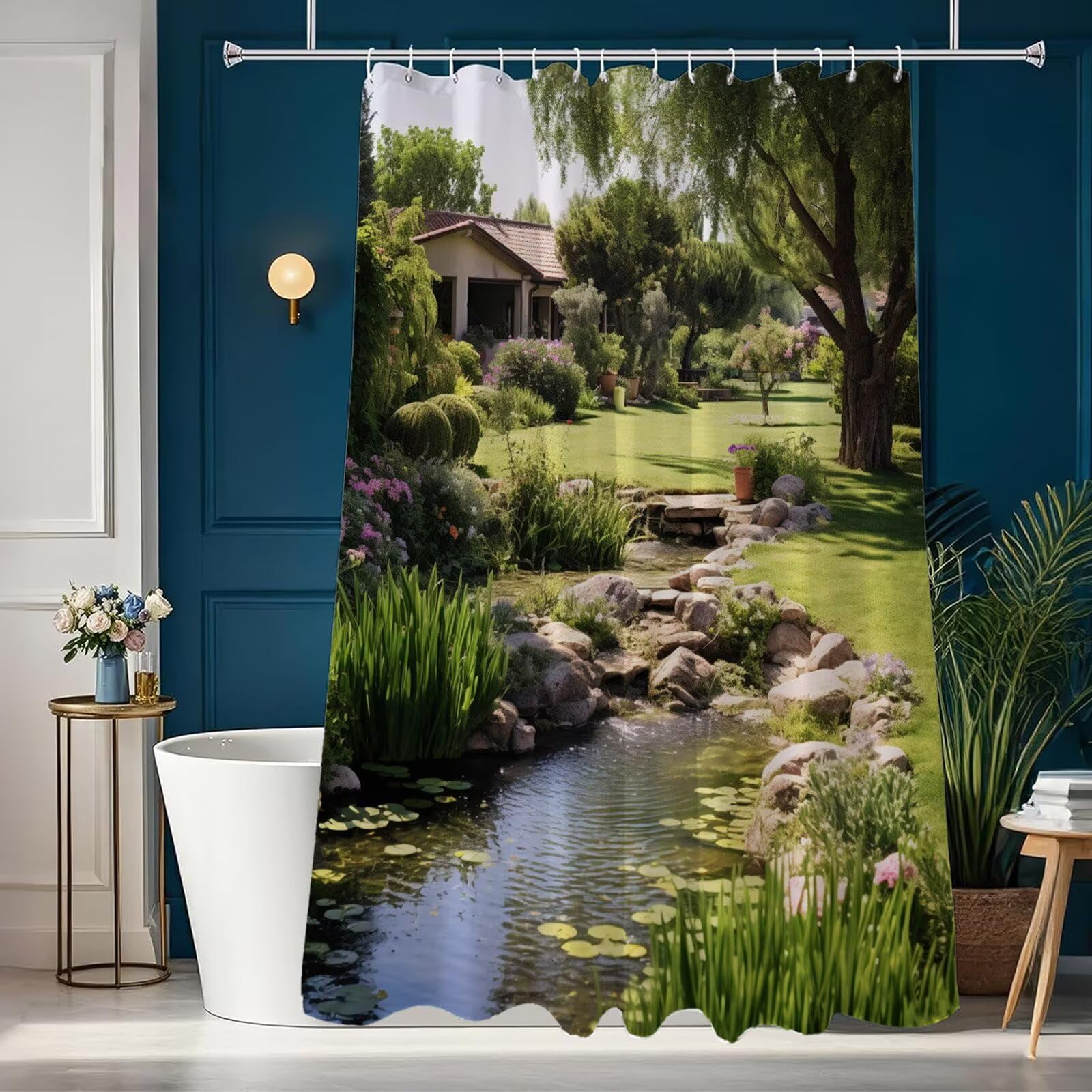 Duschvorhang 200x240 cm Anti Schimmel - Sommer Design - Wasserdicht & Waschbar Schnelltrocknender Polyester Stoff - Inkl. 12 Ringe und Gewicht Shower Curtain für Badezimmer, Bauernhaus J8-609