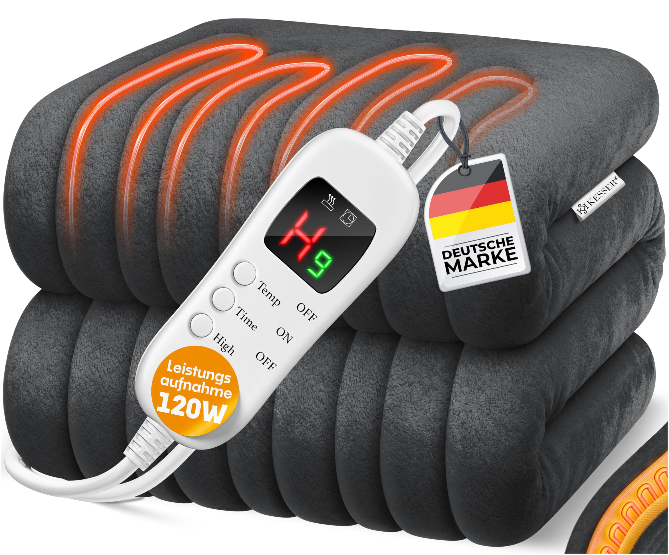 KESSER® Heizdecke aus Plüsch 180x130cm Grau TÜV SÜD GS geprüft | elektrische Wärmedecke mit Timer Abschaltautomatik | Kuscheldecke Decke | 7 Temperaturstufen | waschbar bis 40°C | Digitalanzeige