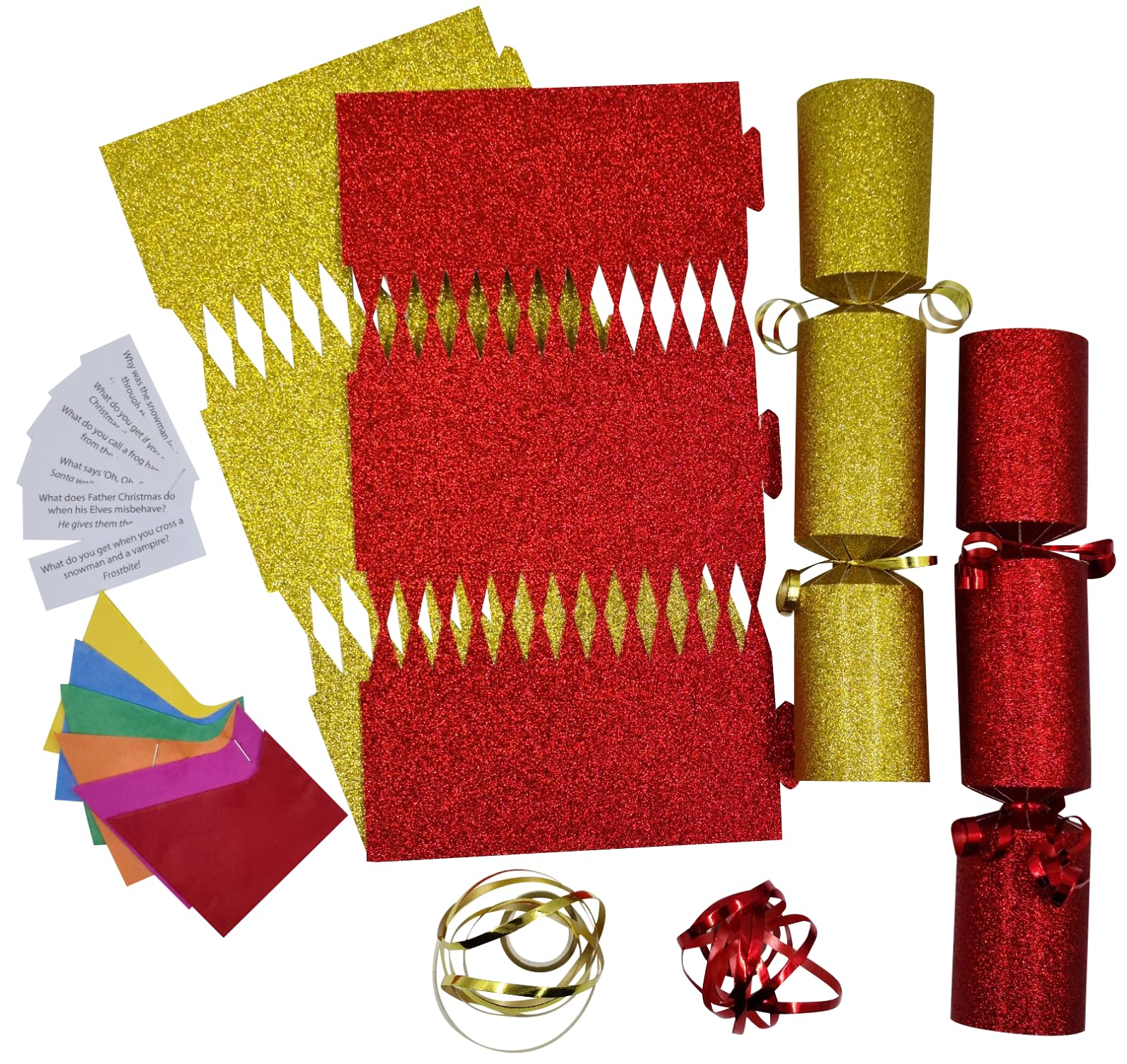 evelay 12 Make Your Own Christmas Cracker kit Crackers Hats Snaps Red Gold Green Blue Pink White Silver Glitter Crackers (Gold and Red Glitter)
