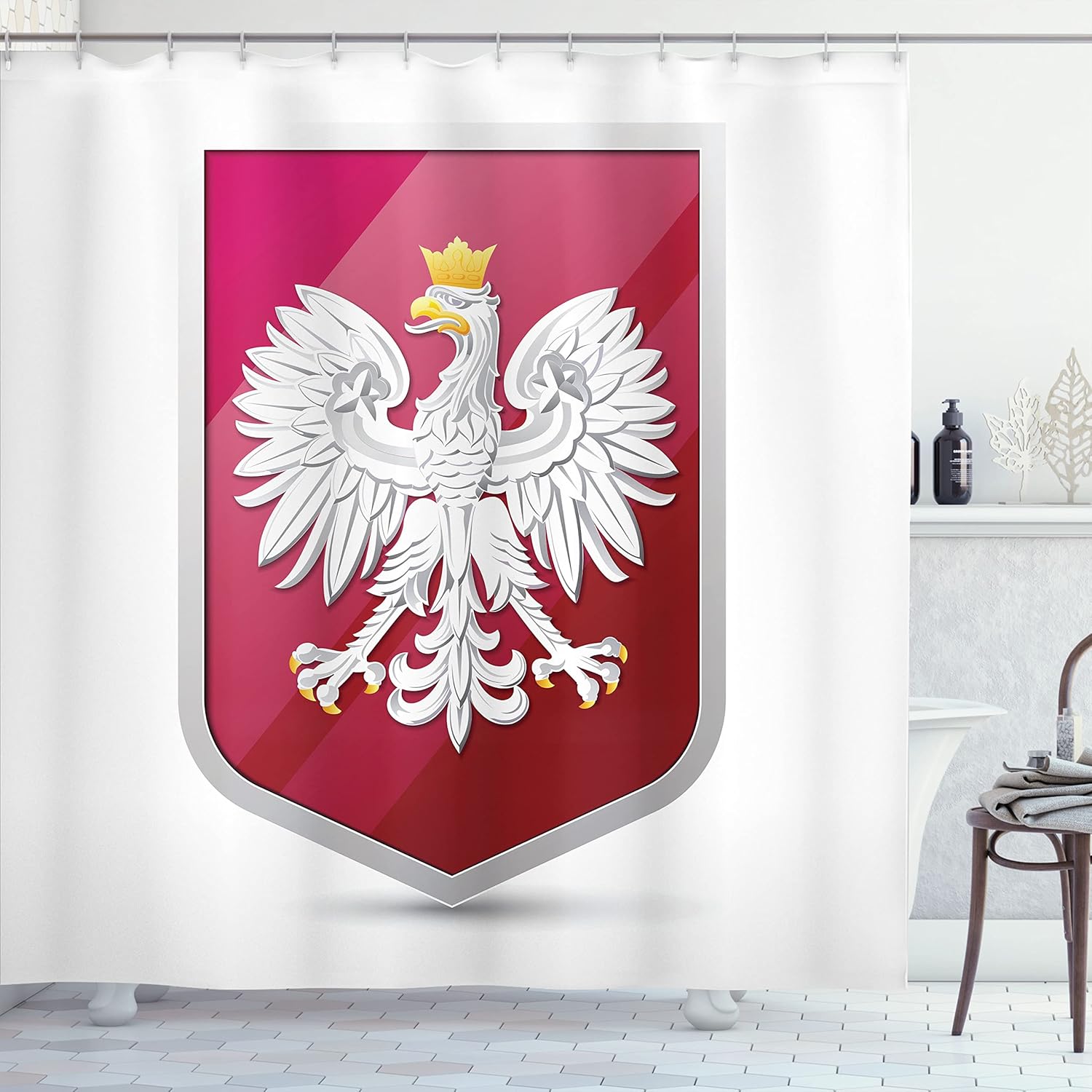 Ambesonne Polish Shower Curtain, Royal Illustration of Coat of Arms of Poland Emblem Crowned Eagle Print, Cloth Fabric Bathroom Decor Set with Hooks, 69" W x 70" L, Ruby Hot Pink and White