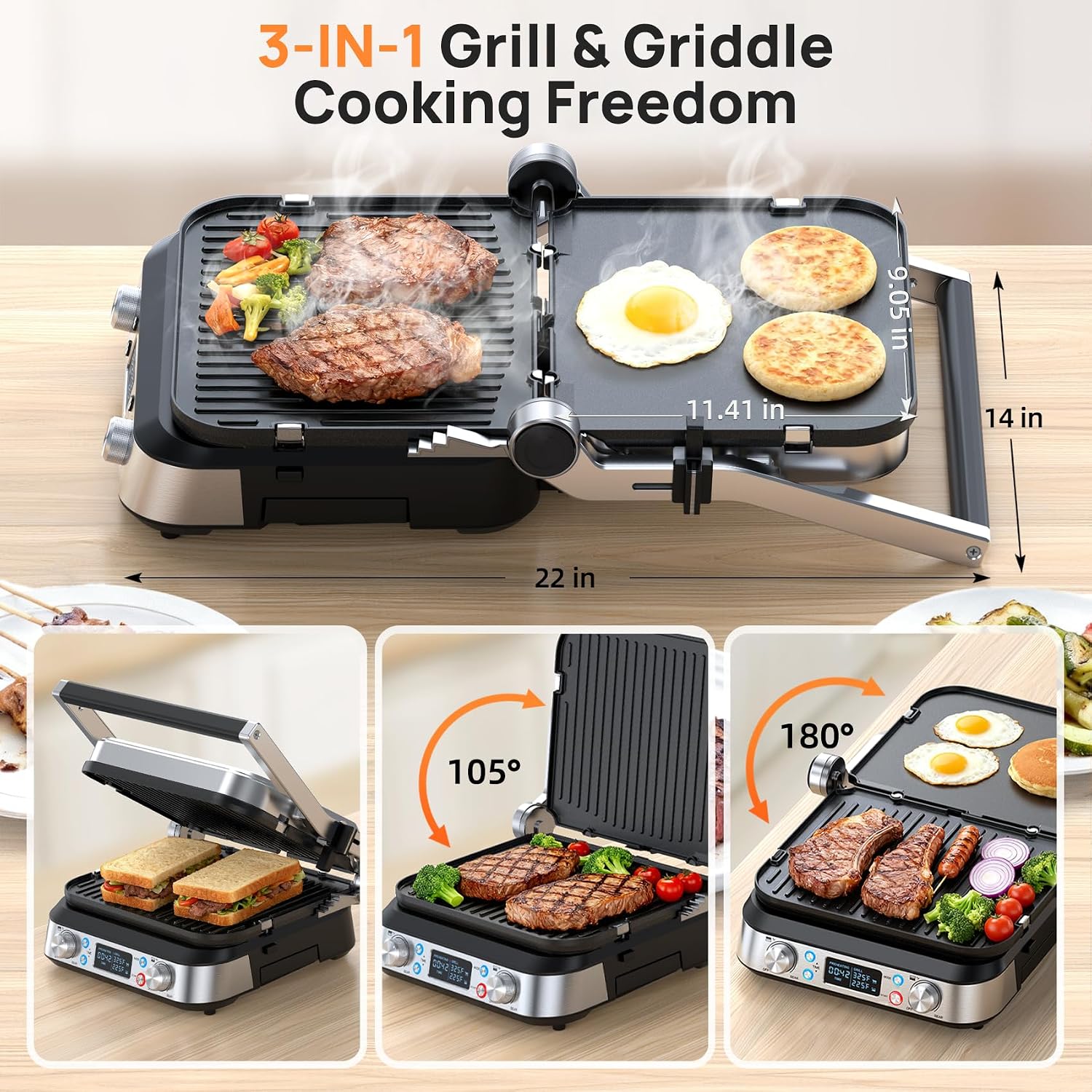 6-in-1 Griddle and Indoor Grill, 14’’, Electric Grill For Steak, Burger, Egg, Smokeless Pancake Grill, Nonstick Removable 450°F Dual Adjustable Grill Plates, 90-Minute Timer, Dishwasher Safe