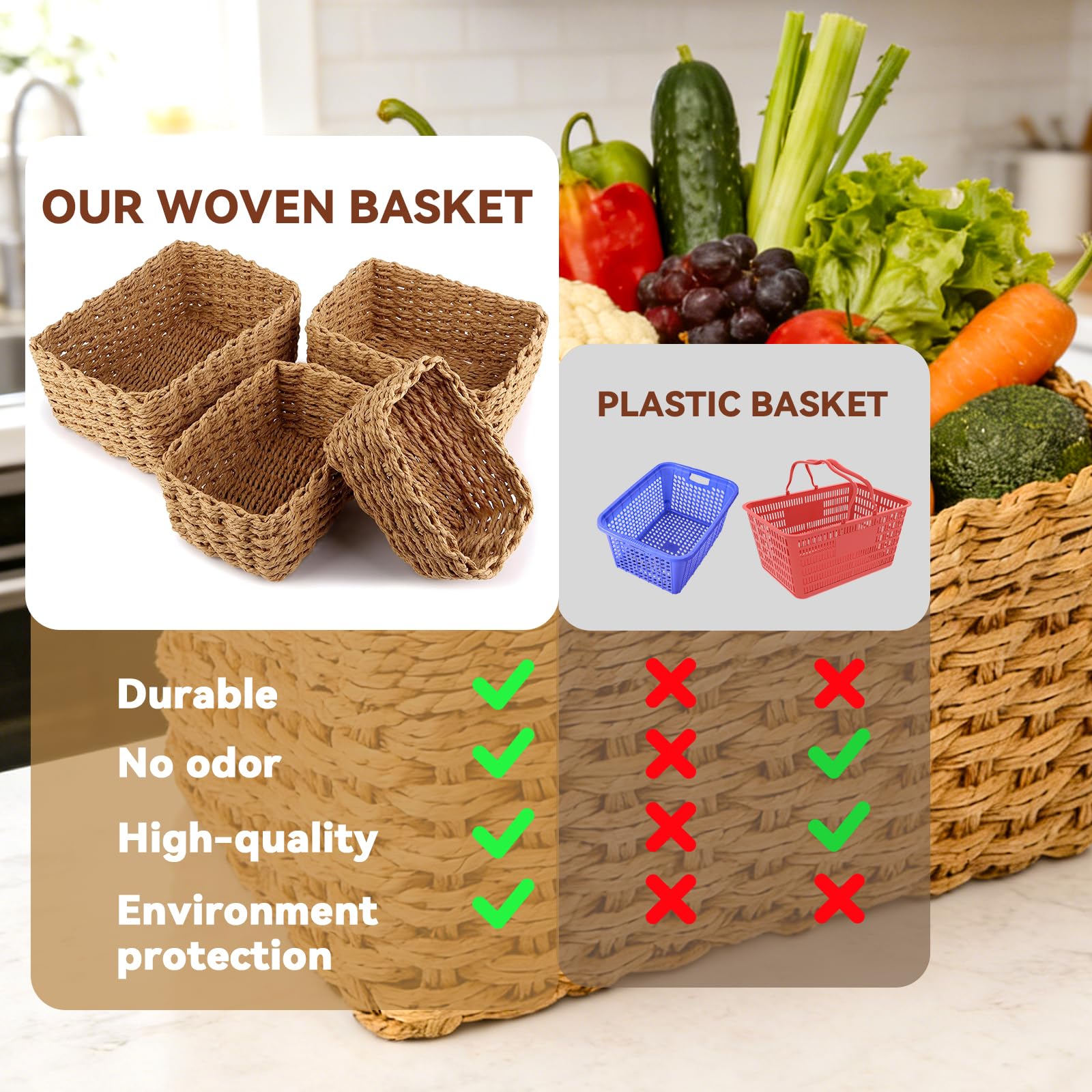 Panier Rangement, Lot de 4 Paniers de Rangement Tressés, Corbeilles Empilables Paniers et Boîtes de Rangements, pour Jouets, CD, Cosmétique, Langes Coton Bébé, Câble de Charge, Décor Maison