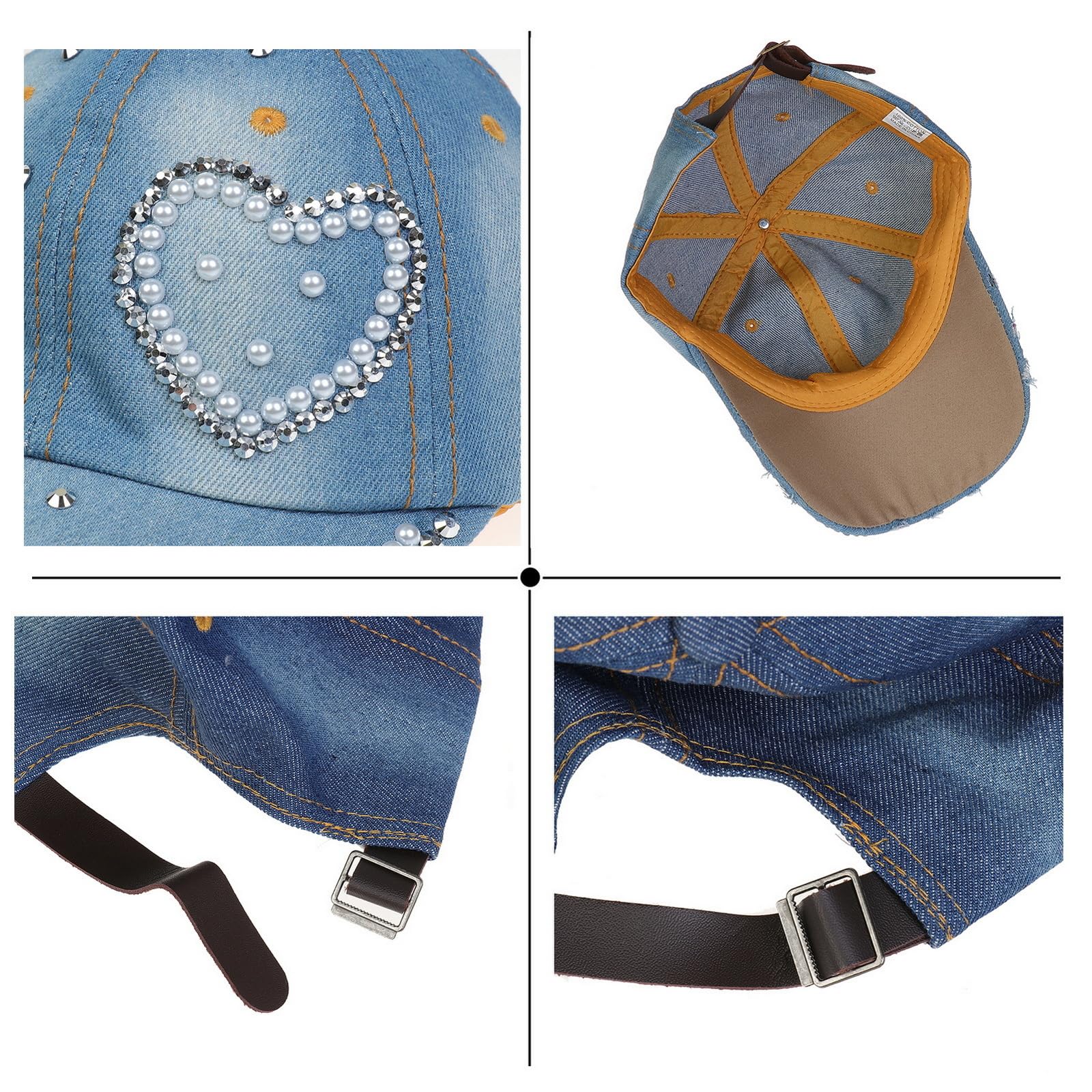 Gorra de béisbol de mezclilla de 6 paneles con diamantes de imitación, con perlas de diamantes de imitación, ajustable, gorra de camionero, hip hop, deportes al aire libre, visera de golf