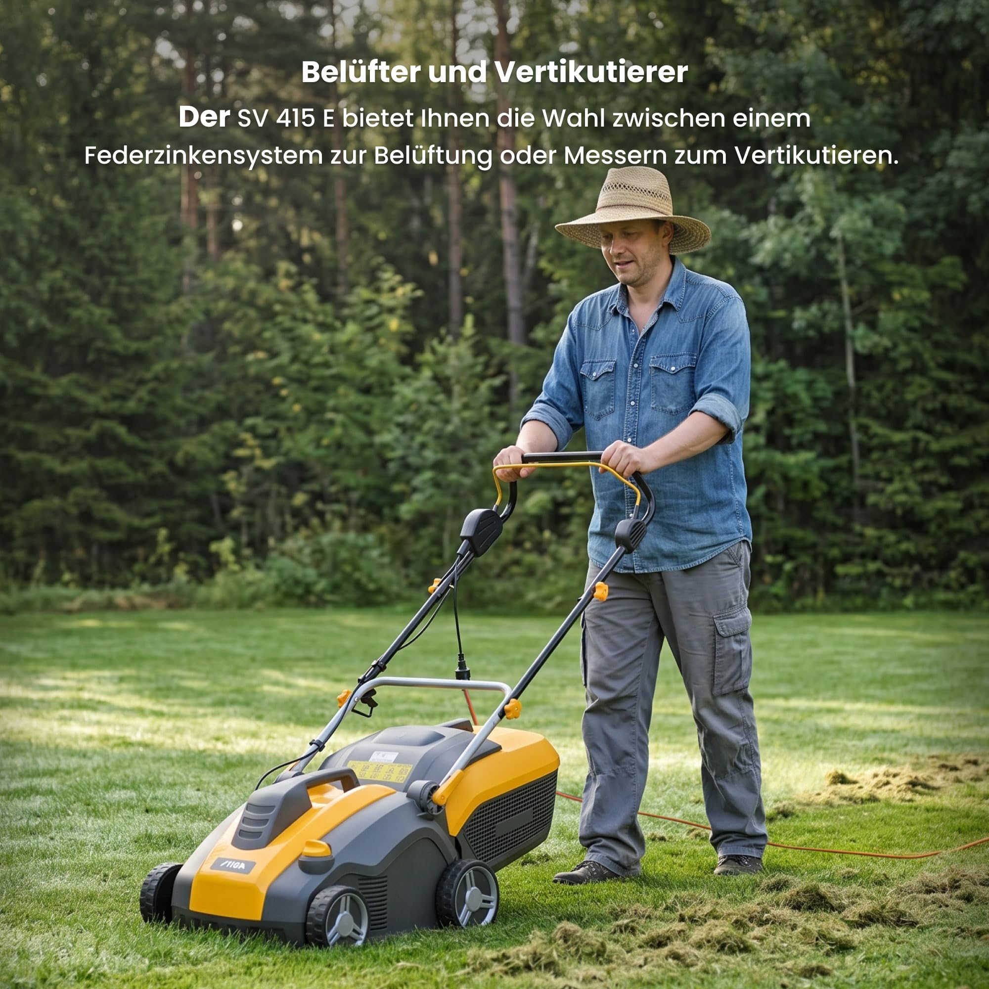 STIGA SV 415 E Elektrischer Vertikutierer, 1500 W, 38 cm – 20 Messer/44 Federzinken, 50 L Fangkorb – Für Rasenflächen, Gelb