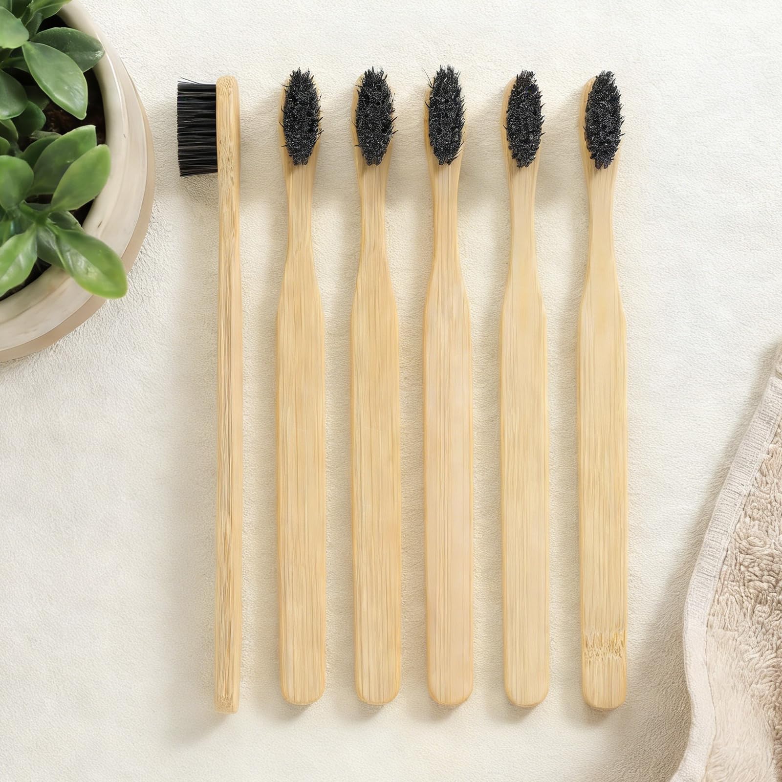 6 Pcs Horse Bristle Bamboo Toothbrush Natural Bristle Bamboo Toothbrush (No Nylon, Horse Hair Only) Totally Compostable Biodegradable Zero Waste Plastic Free(Flat)