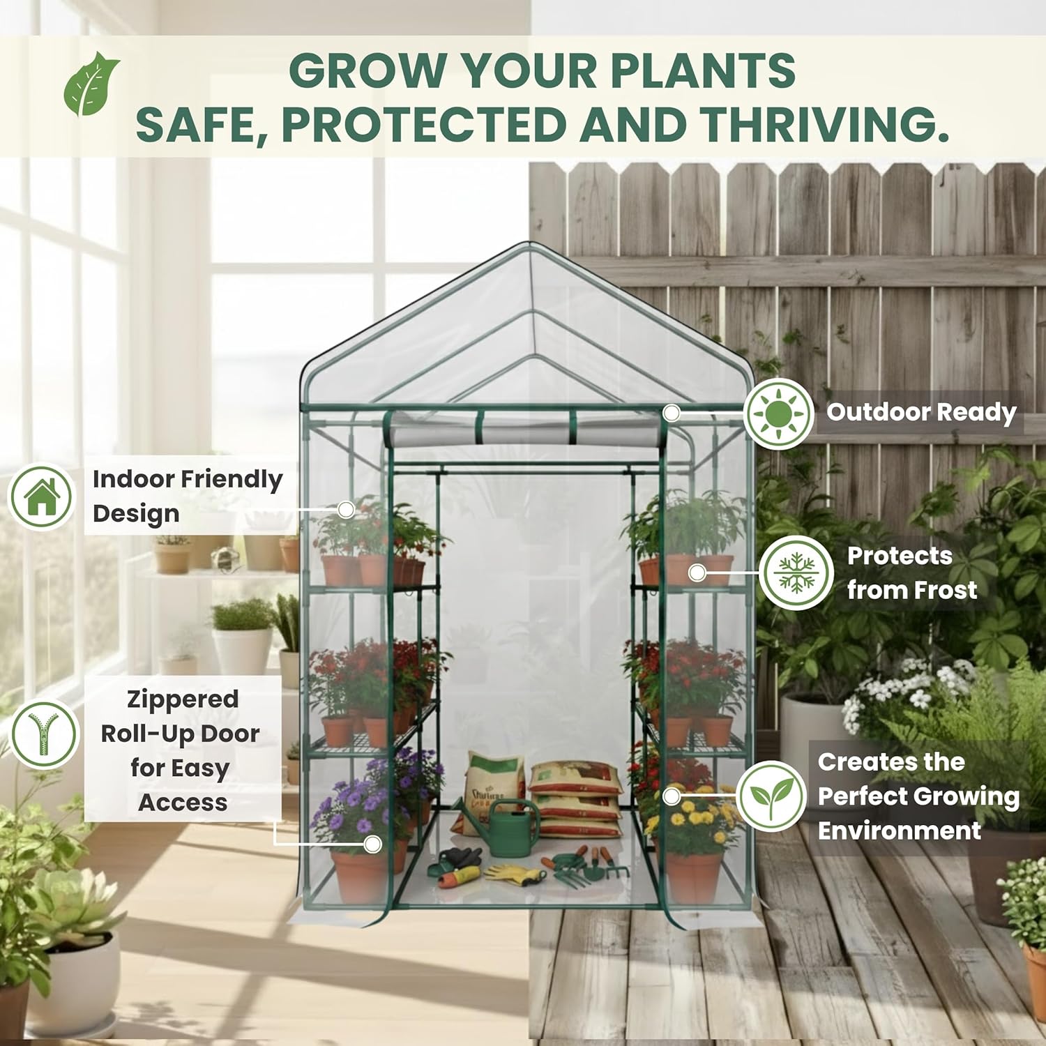 Greenhouse with plants inside, showing indoor and outdoor use