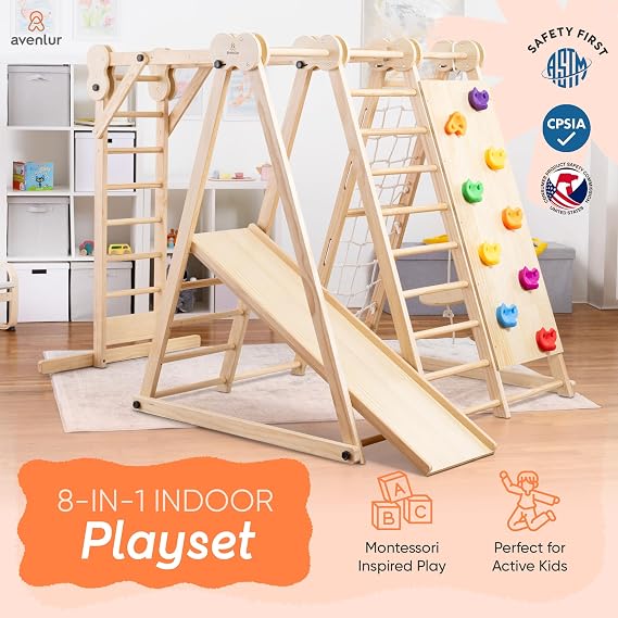 Avenlur 8-in-1 Indoor Play Gym Toddler Jungle Gym for Kids Ages 26 Indoor Playground Wooden Climbing Playset with Slide, Monkey Bars, Ladder, Rope Ladder, Rock Climbing, Swing, Rings, Disc Swing