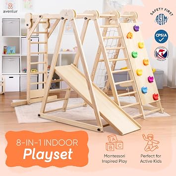 Avenlur 8-in-1 Indoor Play Gym Toddler Jungle Gym for Kids Ages 26 Indoor Playground Wooden Climbing Playset with Slide, Monkey Bars, Ladder, Rope Ladder, Rock Climbing, Swing, Rings, Disc Swing