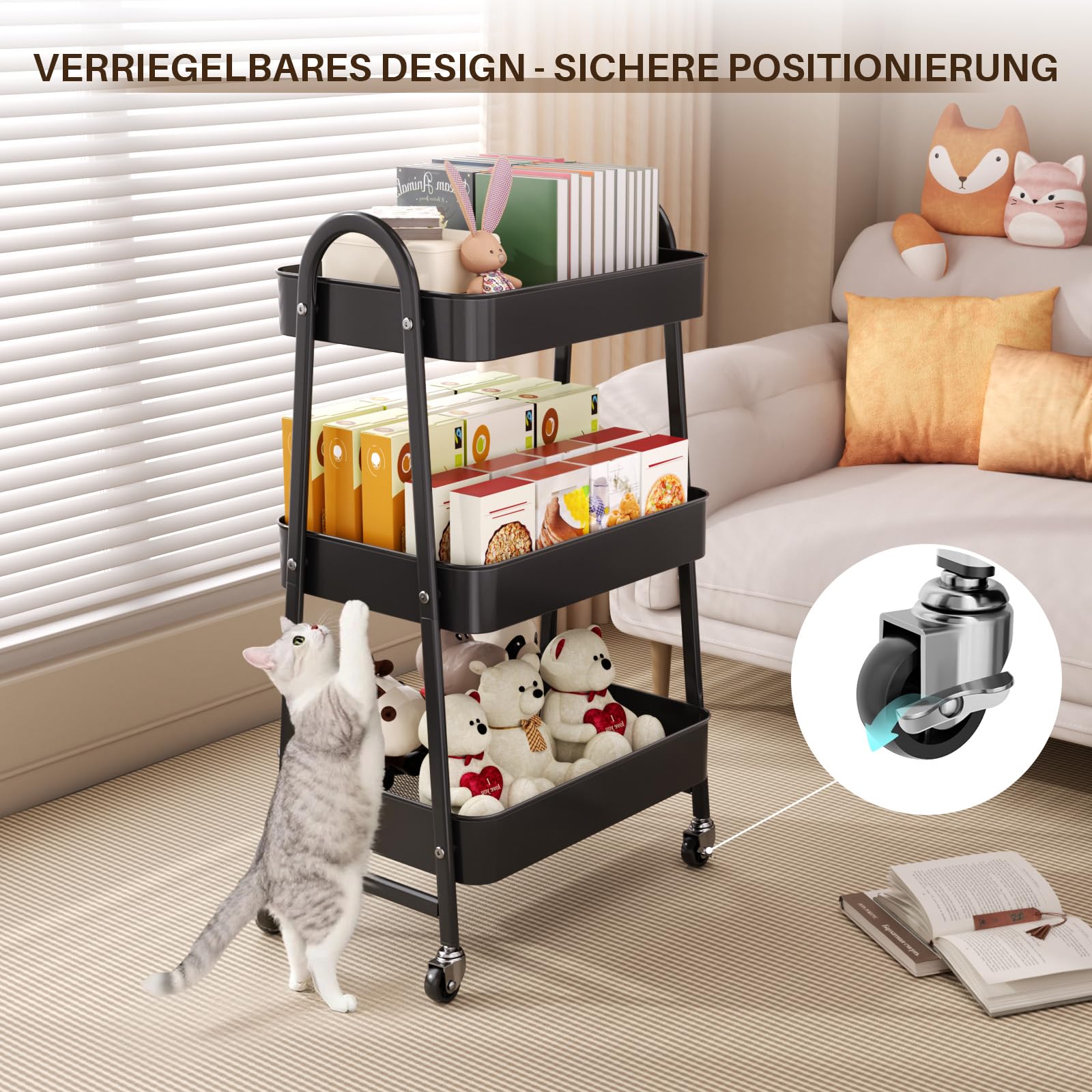 Carrello Multiuso Metallo a 3 Livelli con Ruote - Carrello Portaoggetti Carrello da Cucina Salvaspazio in Bagno, Ufficio, Nero