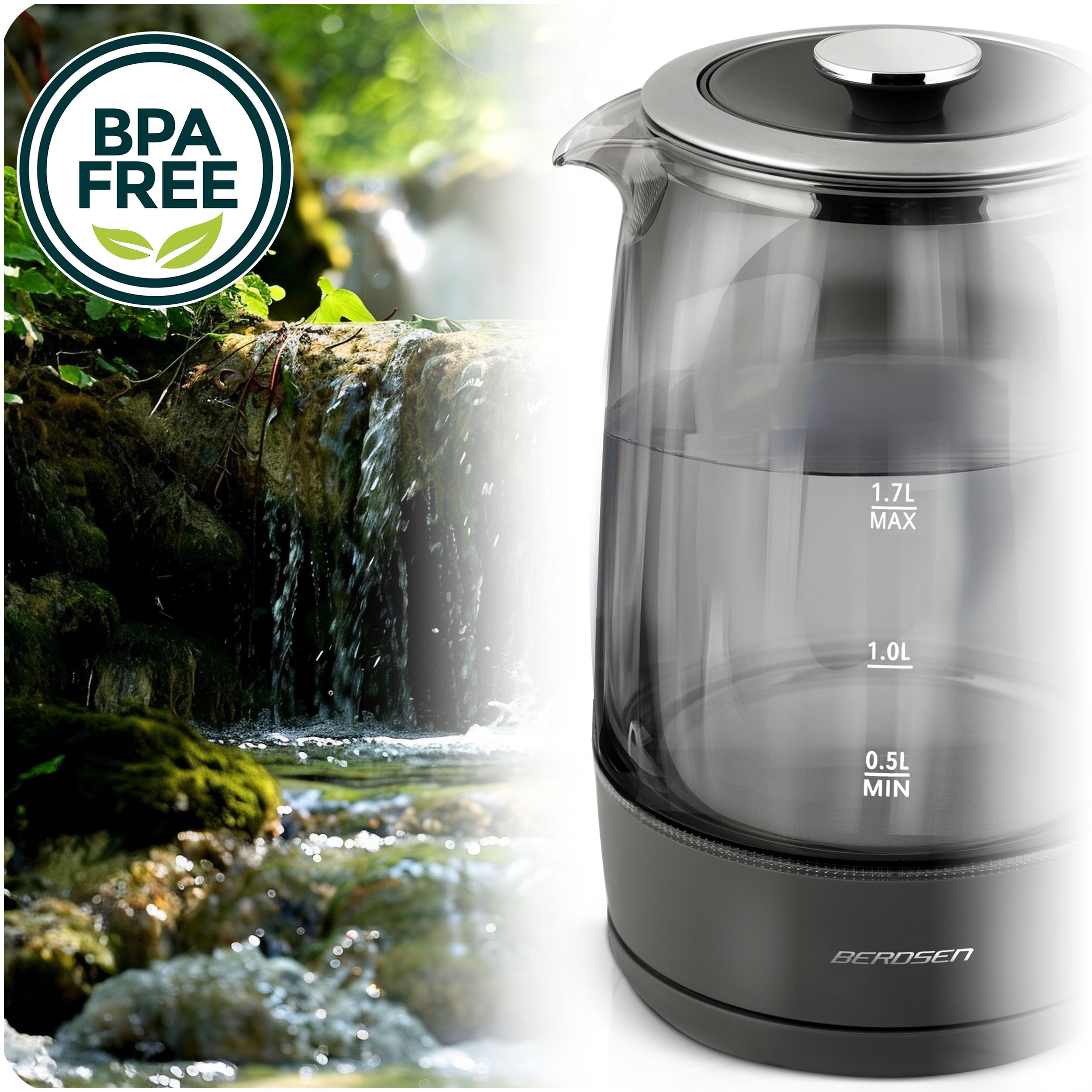 Berdsen Hervidor de agua con ajuste de temperatura, cristal de borosilicato, 1,7 L, función de mantenimiento del calor, panel táctil, indicador de temperatura, iluminación interior gris