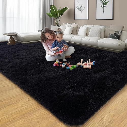 Miniatura 7 de Alfombra negra para sala de estar, de 6 x 9 pies, suave y esponjosa, de 6 x 9 pies, alfombra grande peluda, alfombras peludas para sala de estar,