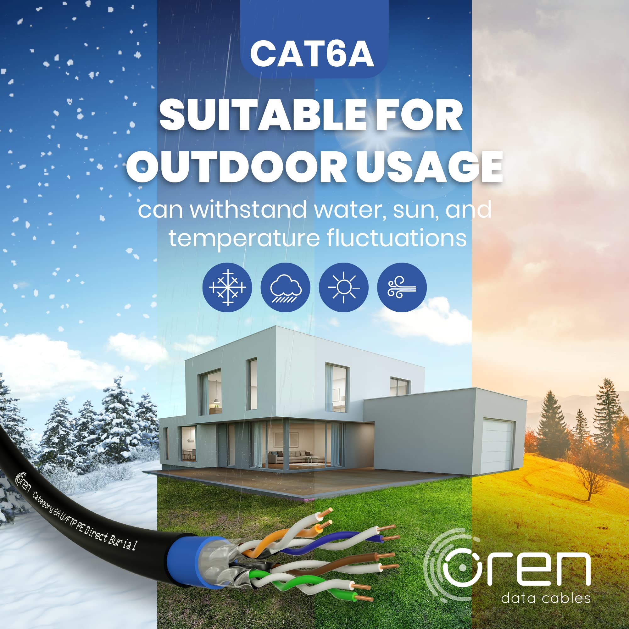 Oren CAT6A 50m Cable Ethernet Para Exteriores - Entierro Directo - Cable de Cobre Puro 23 AWG - Cable de Red LAN de Internet U/FTP de 500 MHz de Ancho de Banda, Libre de Halógenos - 10 GbE