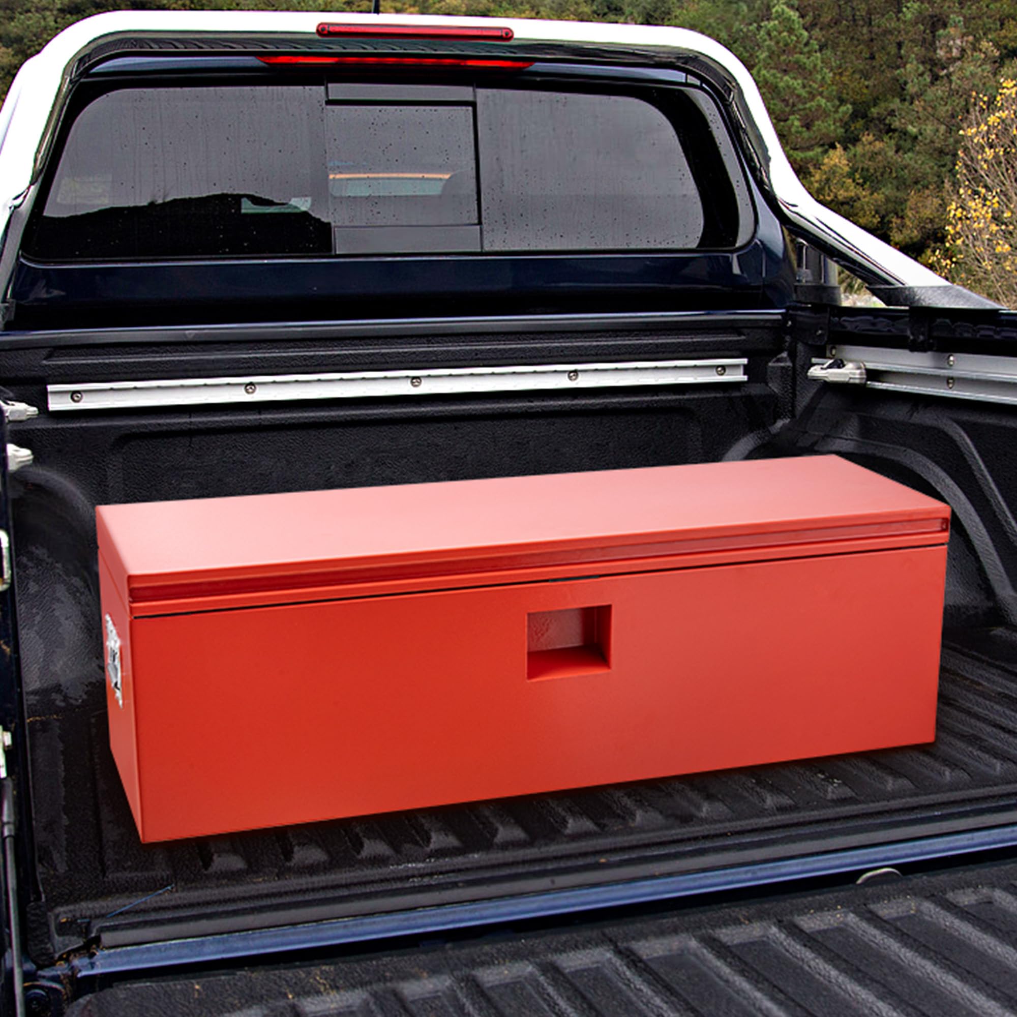 Aptliton 24 Inch Heavy Duty Steel Truck Tool Box with Gas Struts, Waterproof Rustproof Pickup Truck Bed Storage Box with Ergonomic Handles for Garage Workshop Construction Site, Red