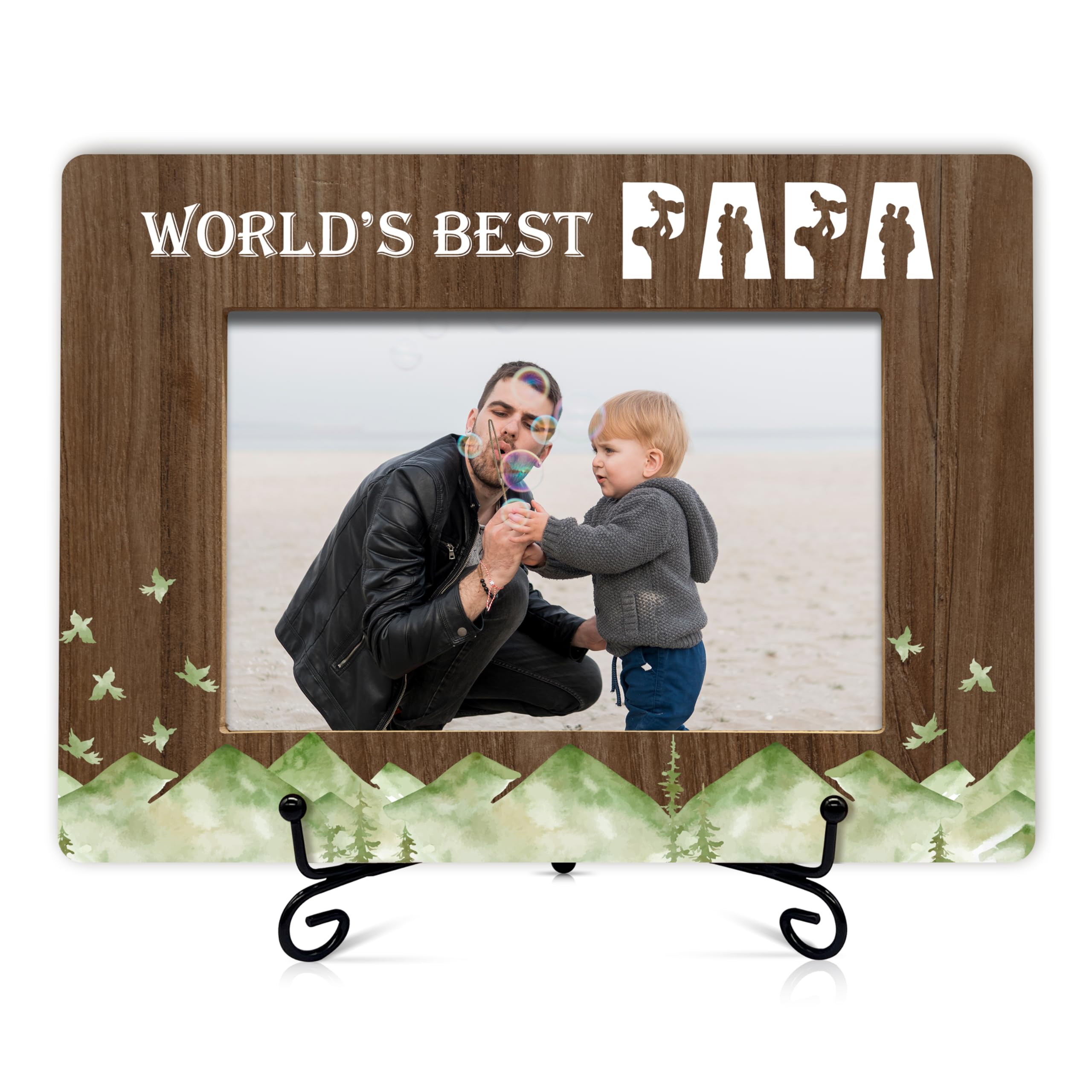 QUDNCR Dad Wooden Picture Frame Gifts, World's Best Papa Photo Frame, Father Gifts for Birthday Father's Day Christmas, 4x6 Inch Photo Frame For Home